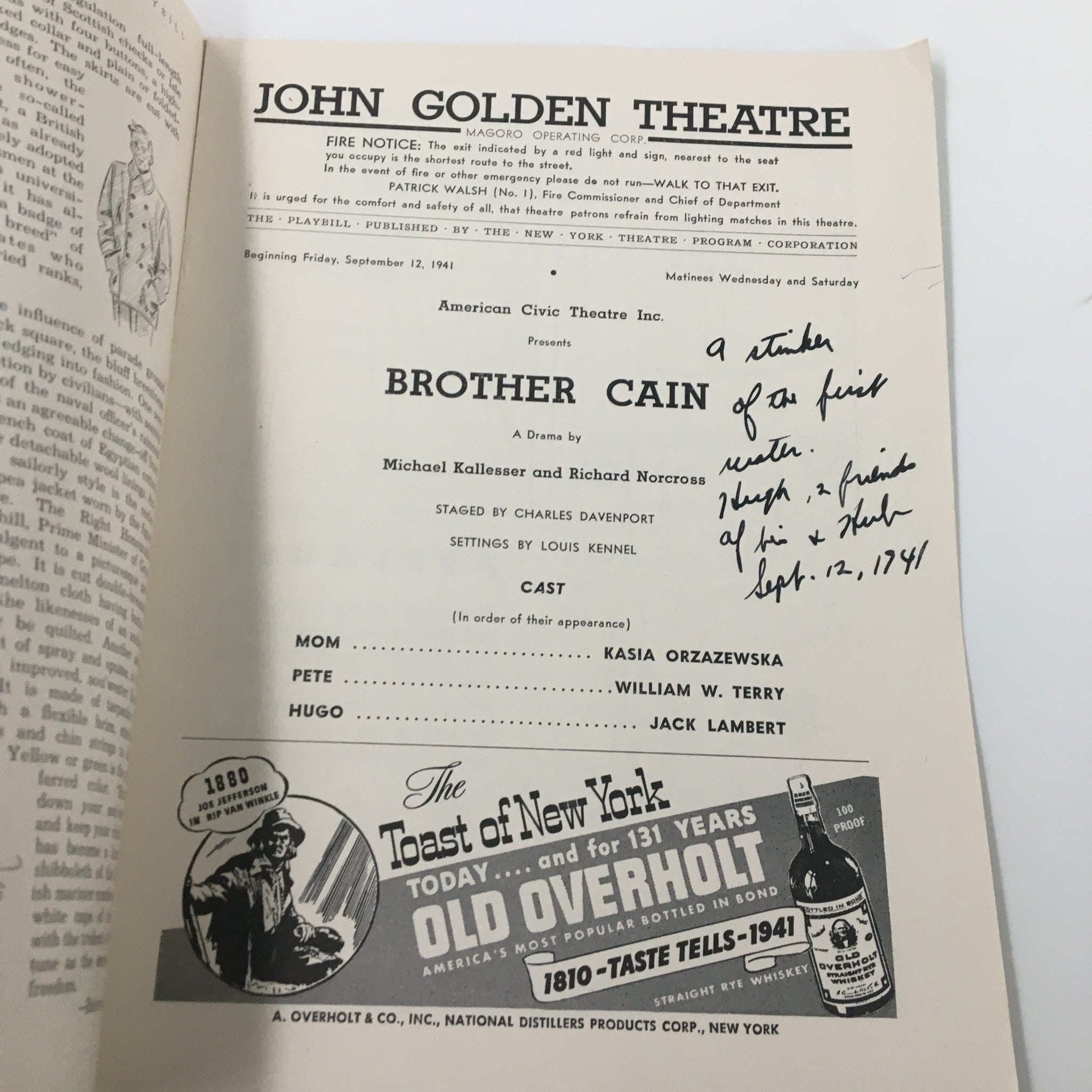 1941 Playbill John Golden Theatre Brother Cain A Drama by Michael Kallesser