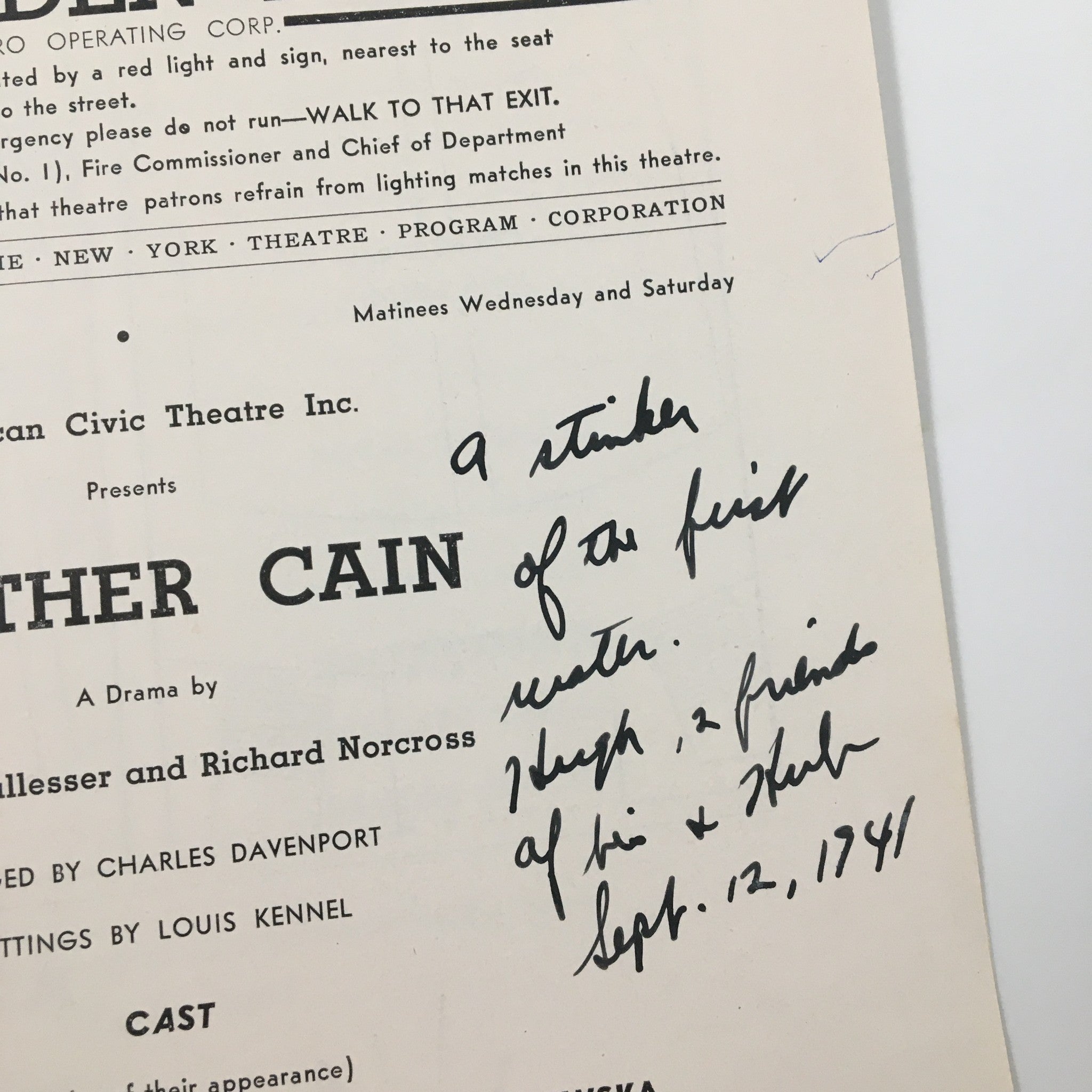 1941 Playbill John Golden Theatre Brother Cain A Drama by Michael Kallesser