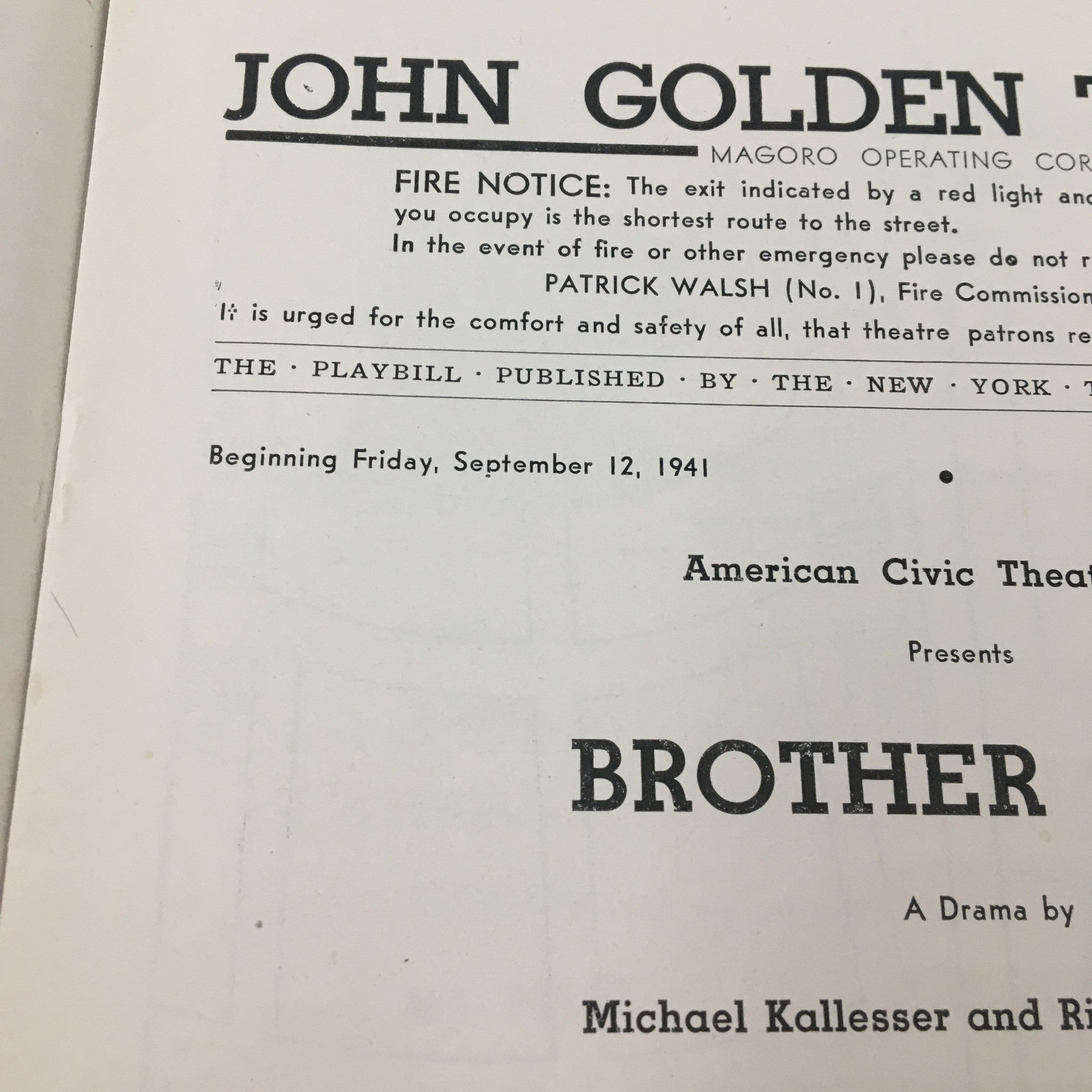 1941 Playbill John Golden Theatre Brother Cain A Drama by Michael Kallesser