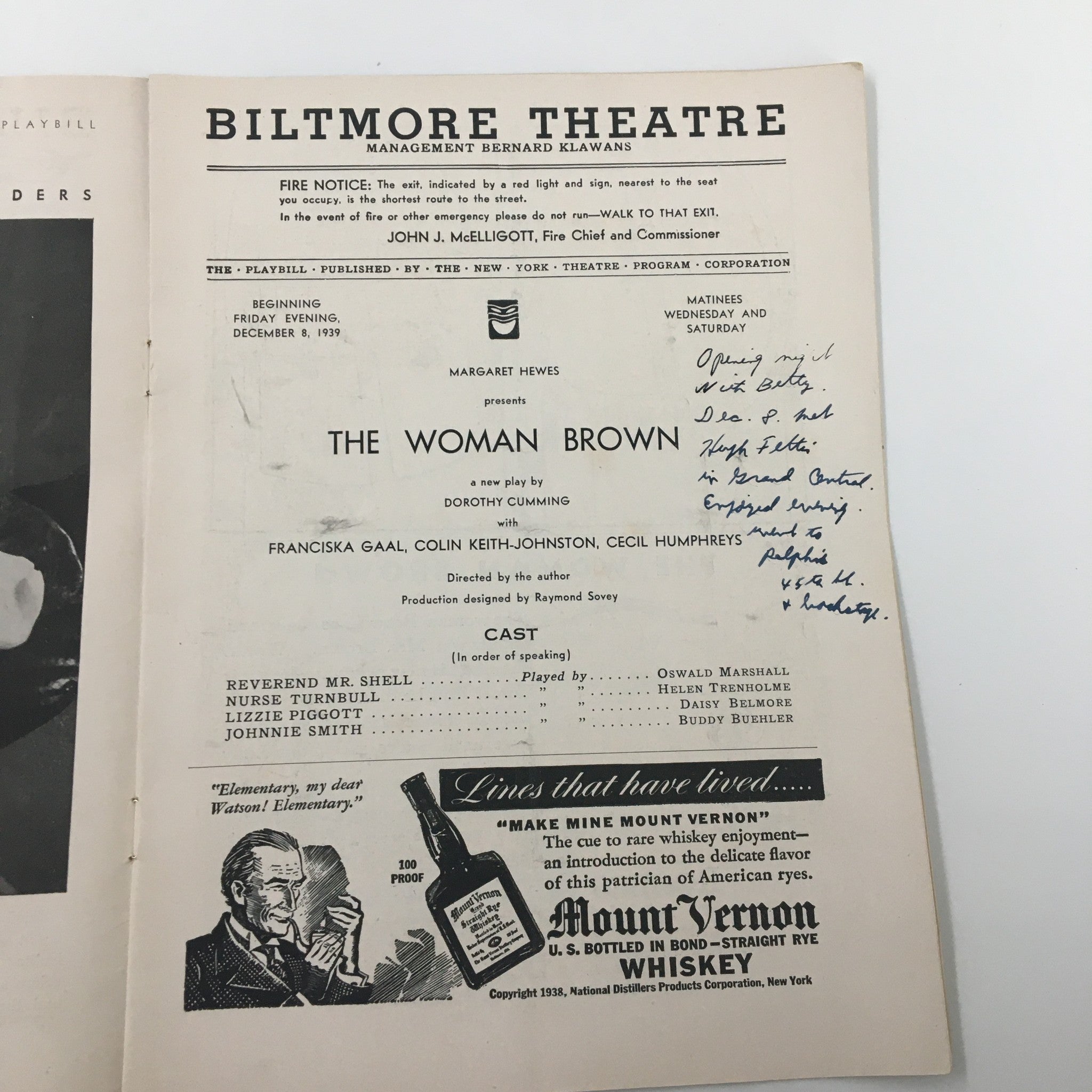1939 Playbill for 'The Woman Brown,' a new play by Dorothy Cumming, hosted at Biltmore Theatre. Details include cast list and performance date, December 8, 1939.