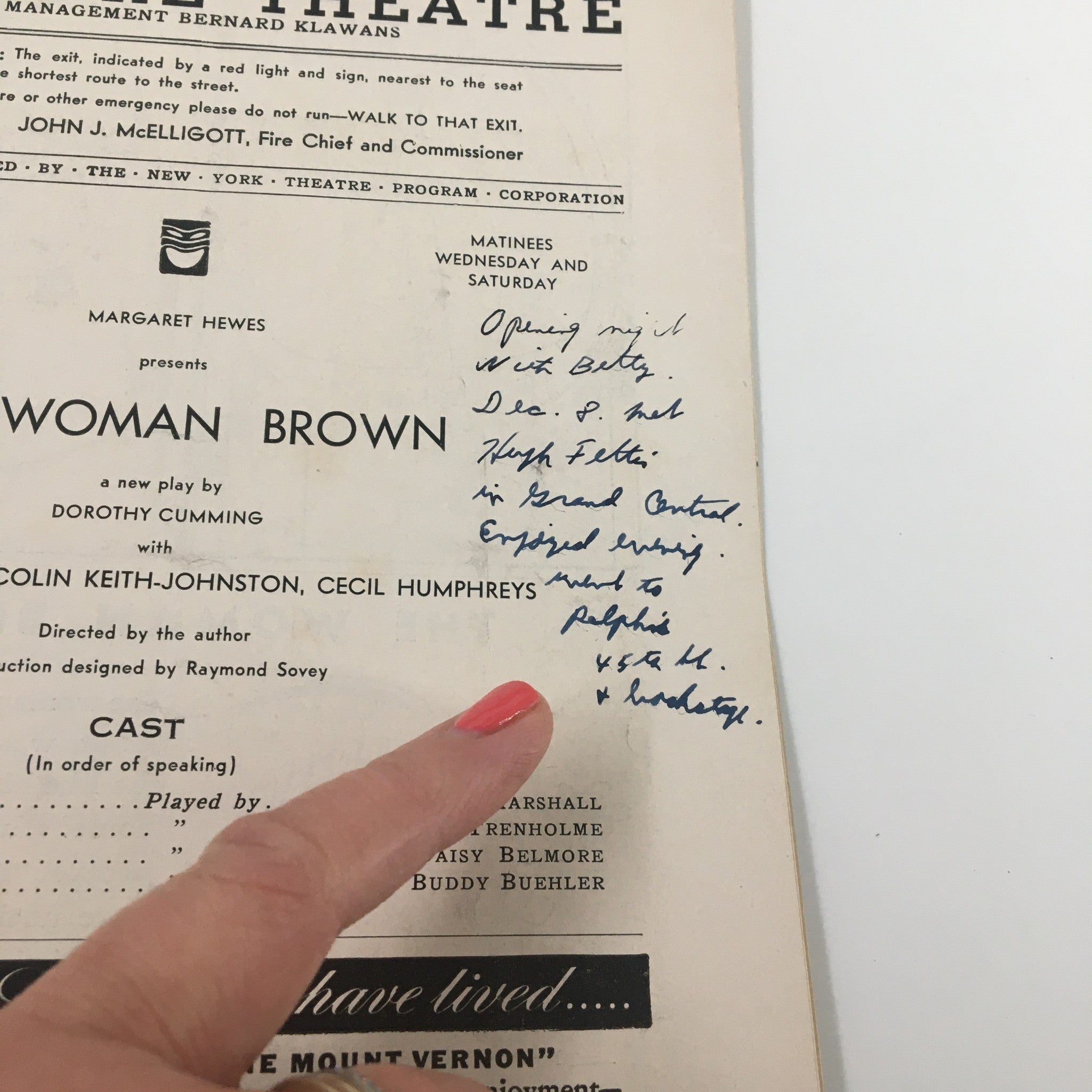Close-up view of the 1939 Playbill for 'The Woman Brown,' with handwritten notes and details about the play, reflecting its historical context. Staged at Biltmore Theatre.