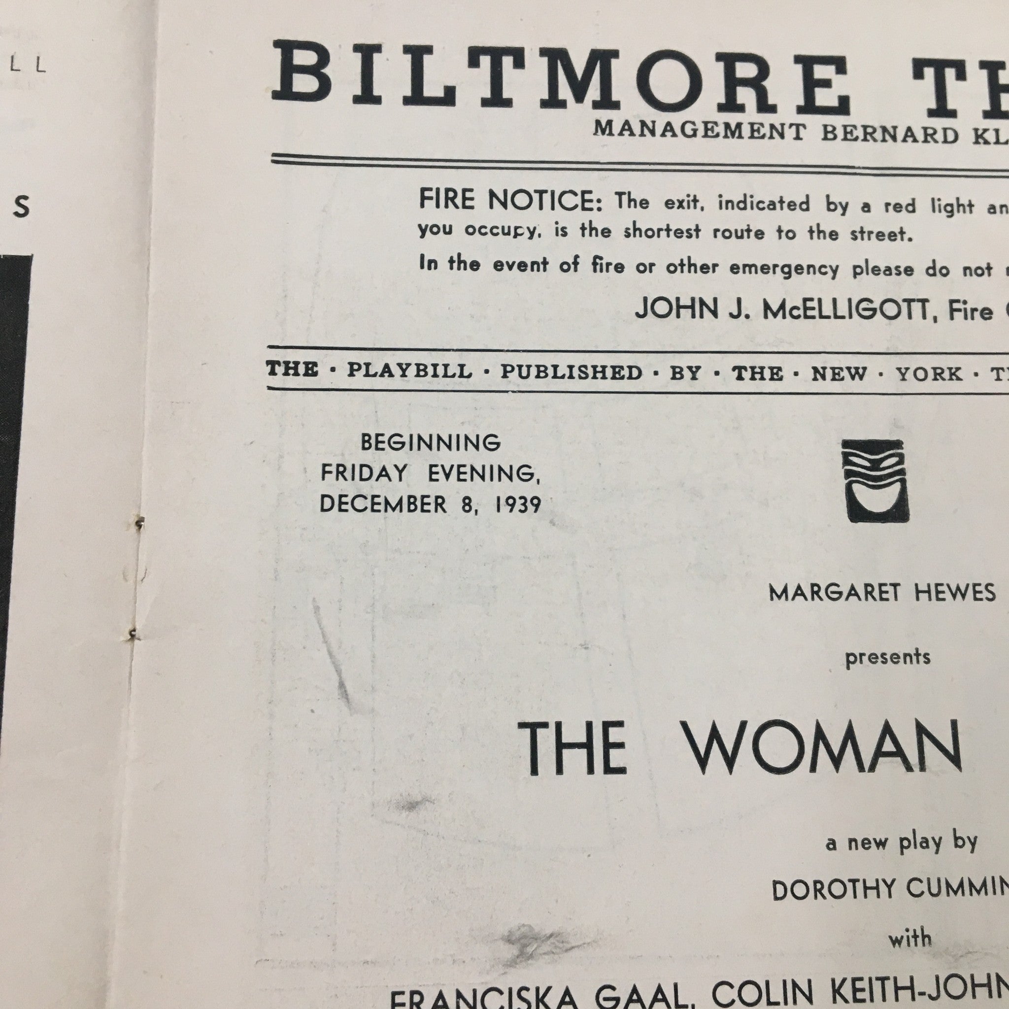 1939 Playbill cover for 'The Woman Brown,' a play by Dorothy Cumming, featuring the Biltmore Theatre logo and the opening date, December 8, 1939.