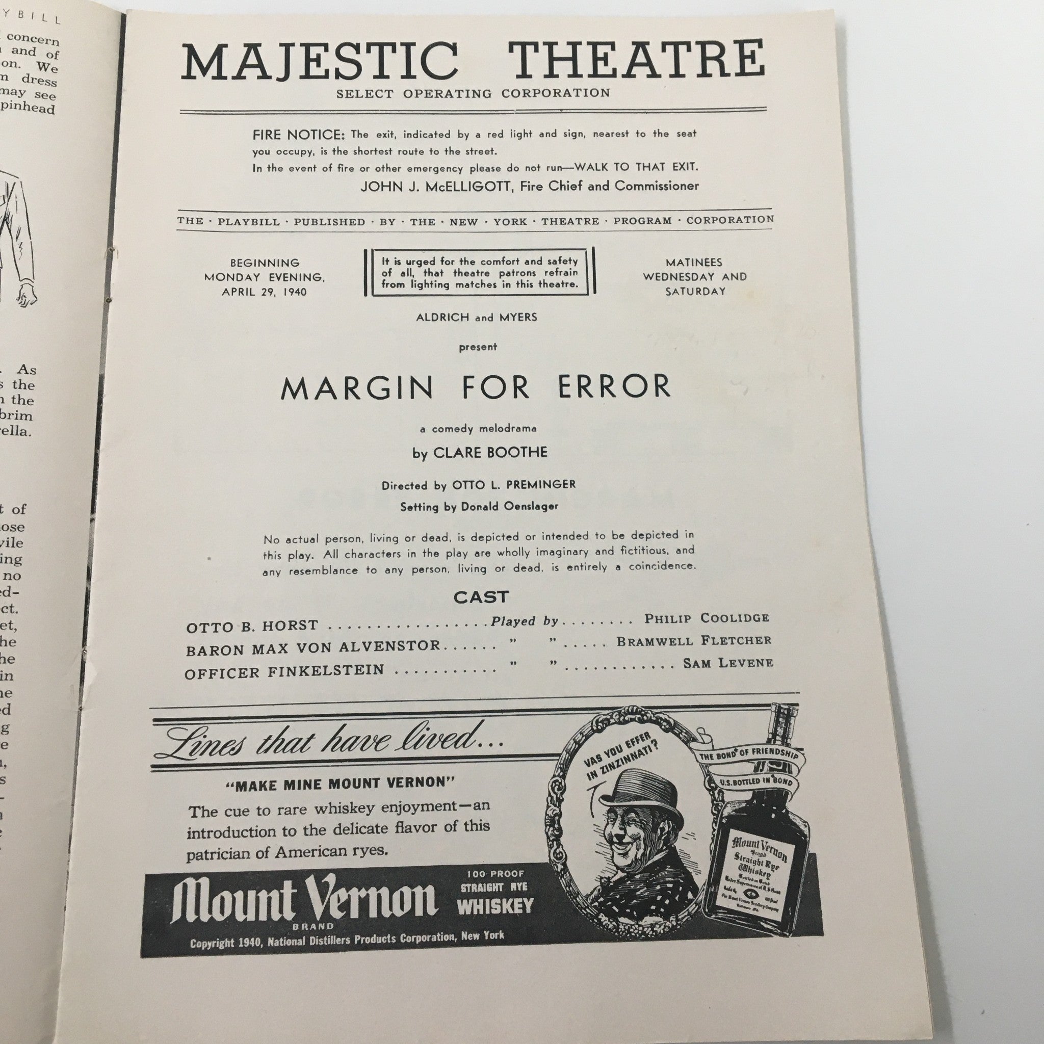 1940 Playbill Majestic Theatre Aldrich & Meyers Margin for Error by Clare Boothe