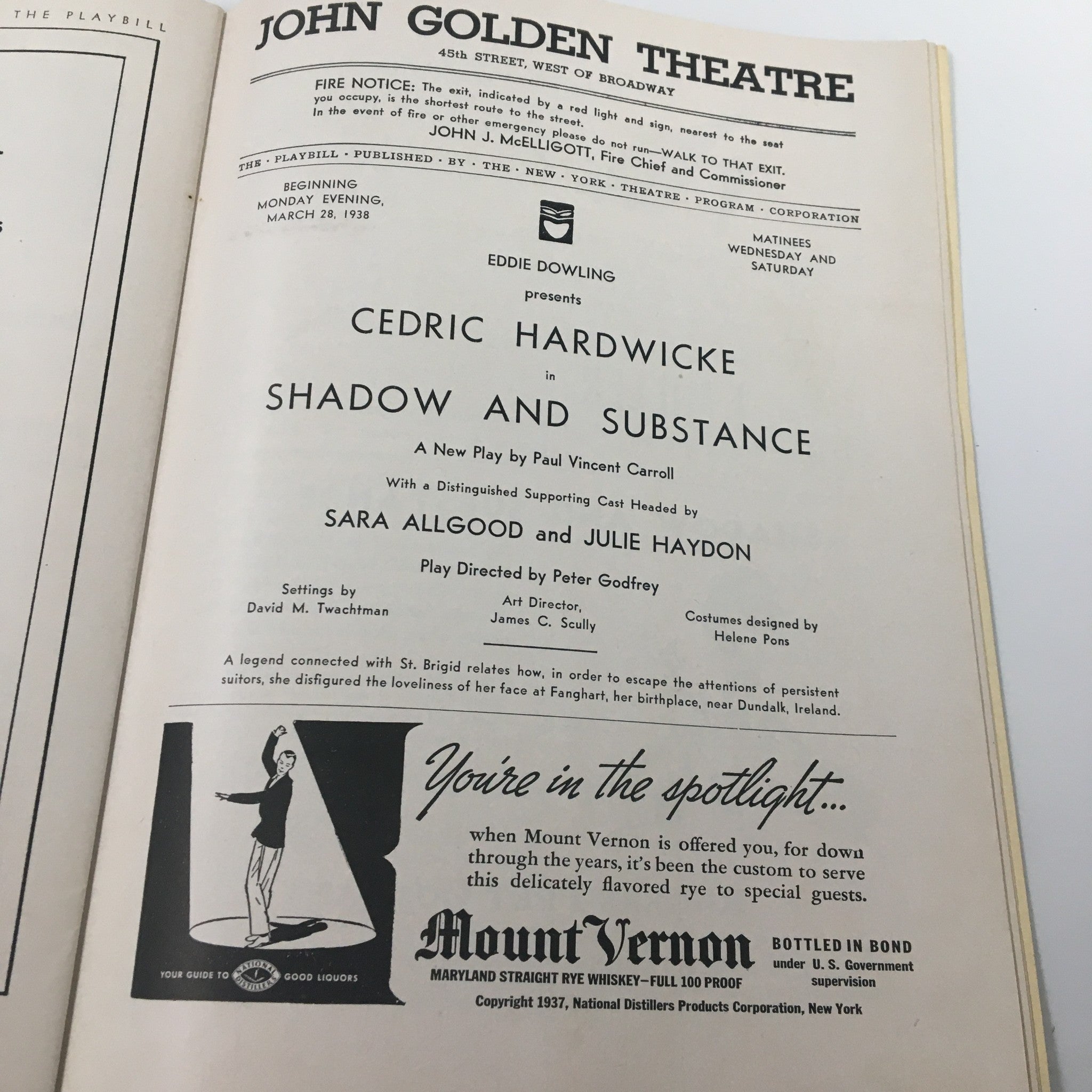 1938 Playbill John Golden Theatre Cedric Hardwicke in Shadow and Substance