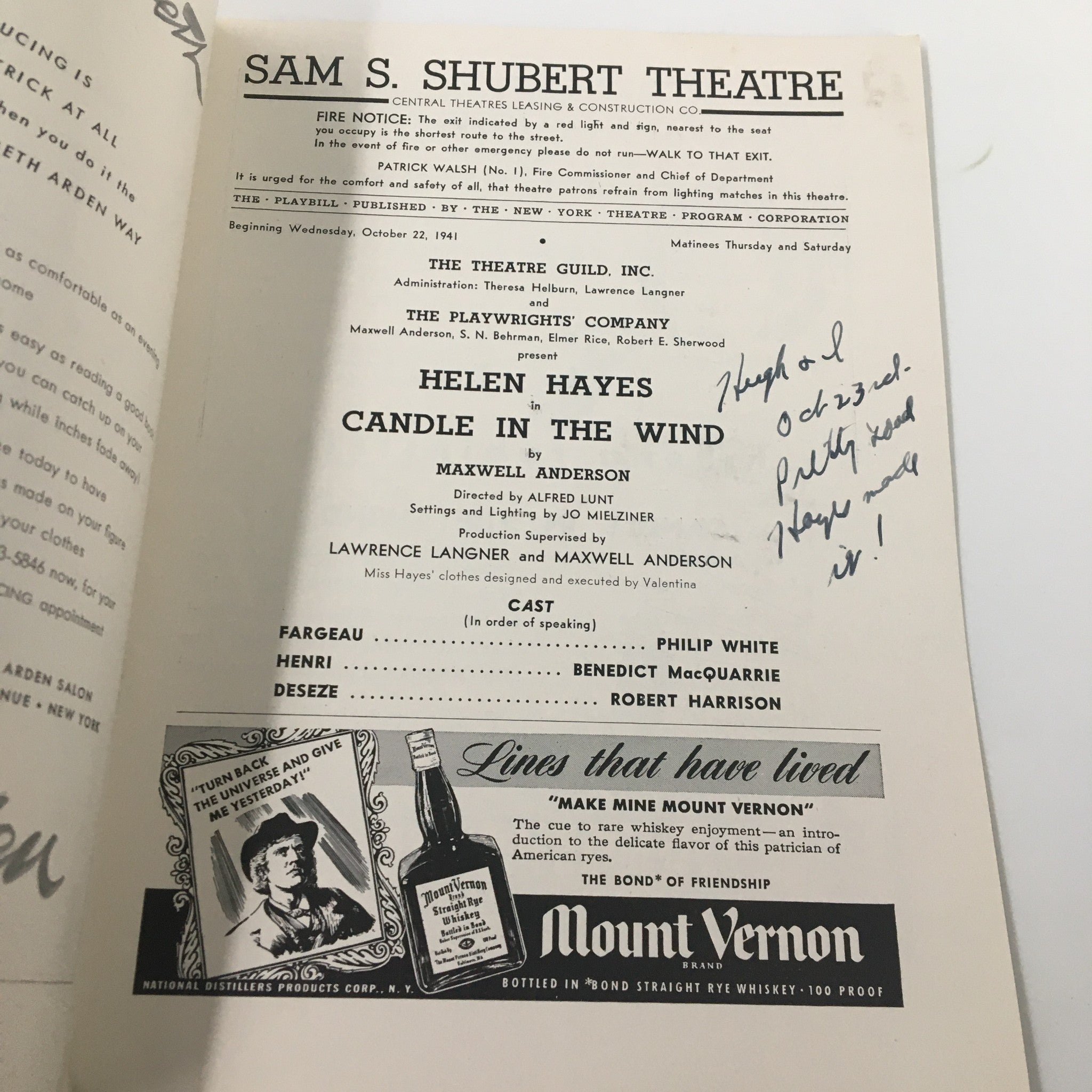 1941 Playbill Sam S. Shubert Theatre Helen Hayes in Candle In The Wind