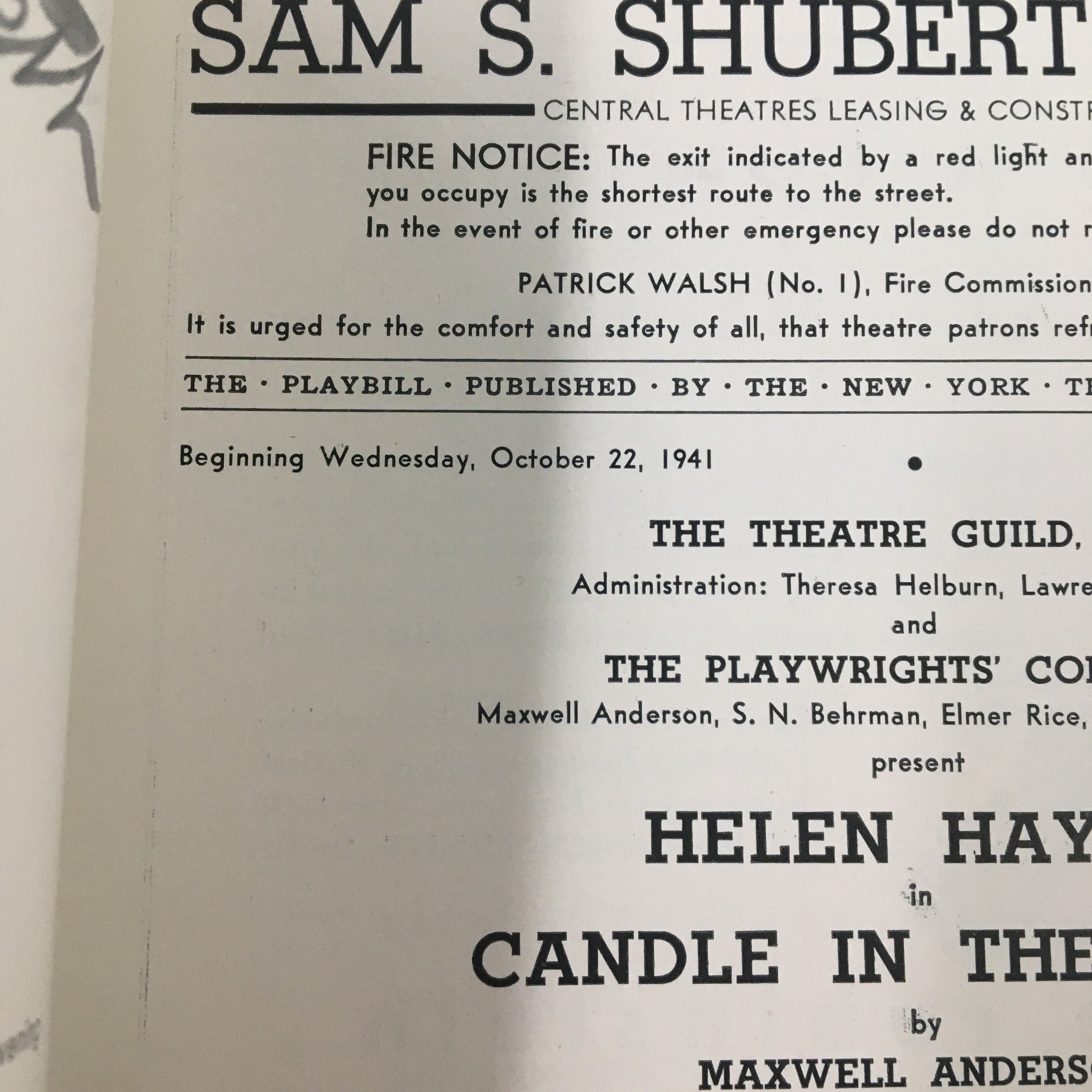 1941 Playbill Sam S. Shubert Theatre Helen Hayes in Candle In The Wind