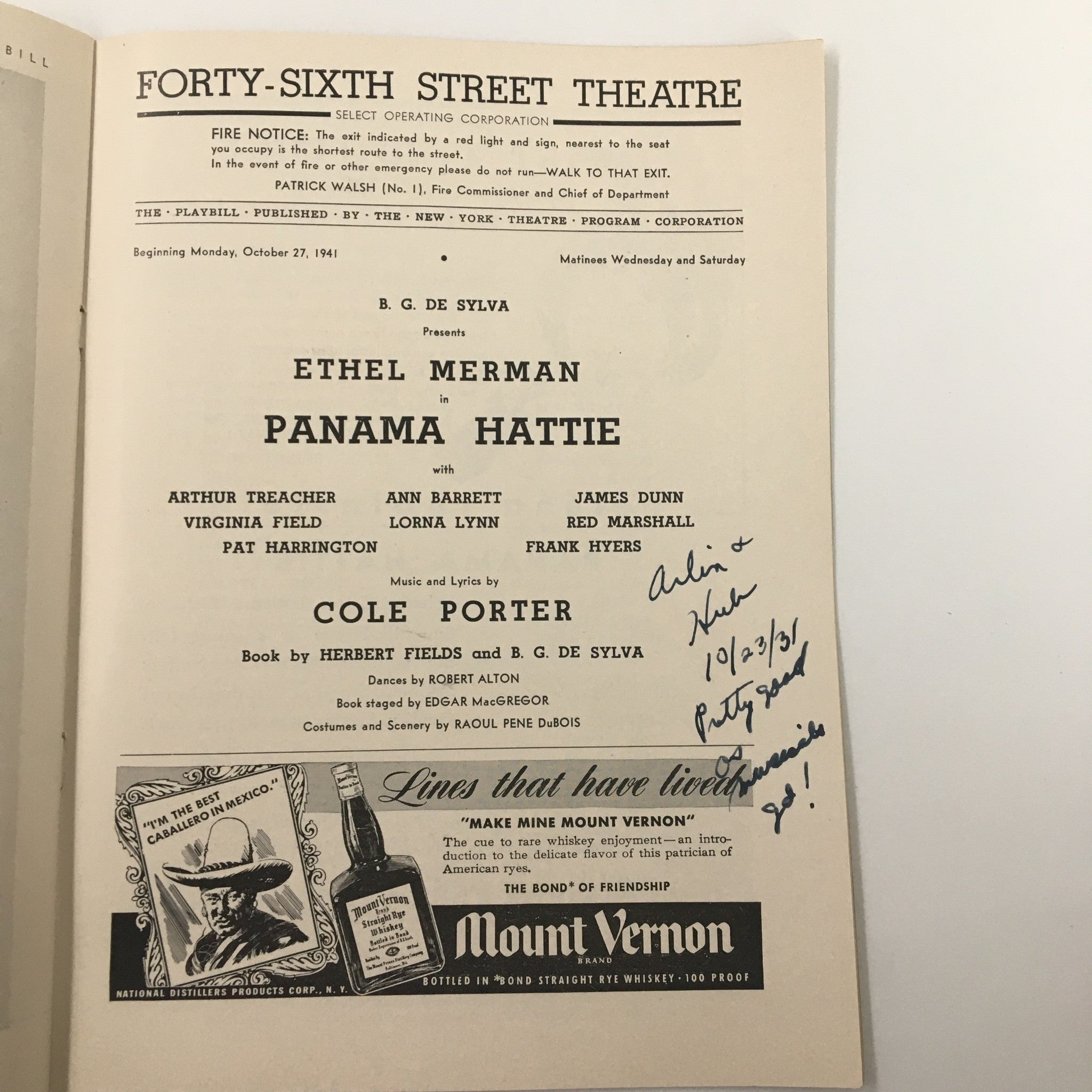 1941 Playbill Forty-Sixth Street Theatre Ethel Merman in Panama Hattie