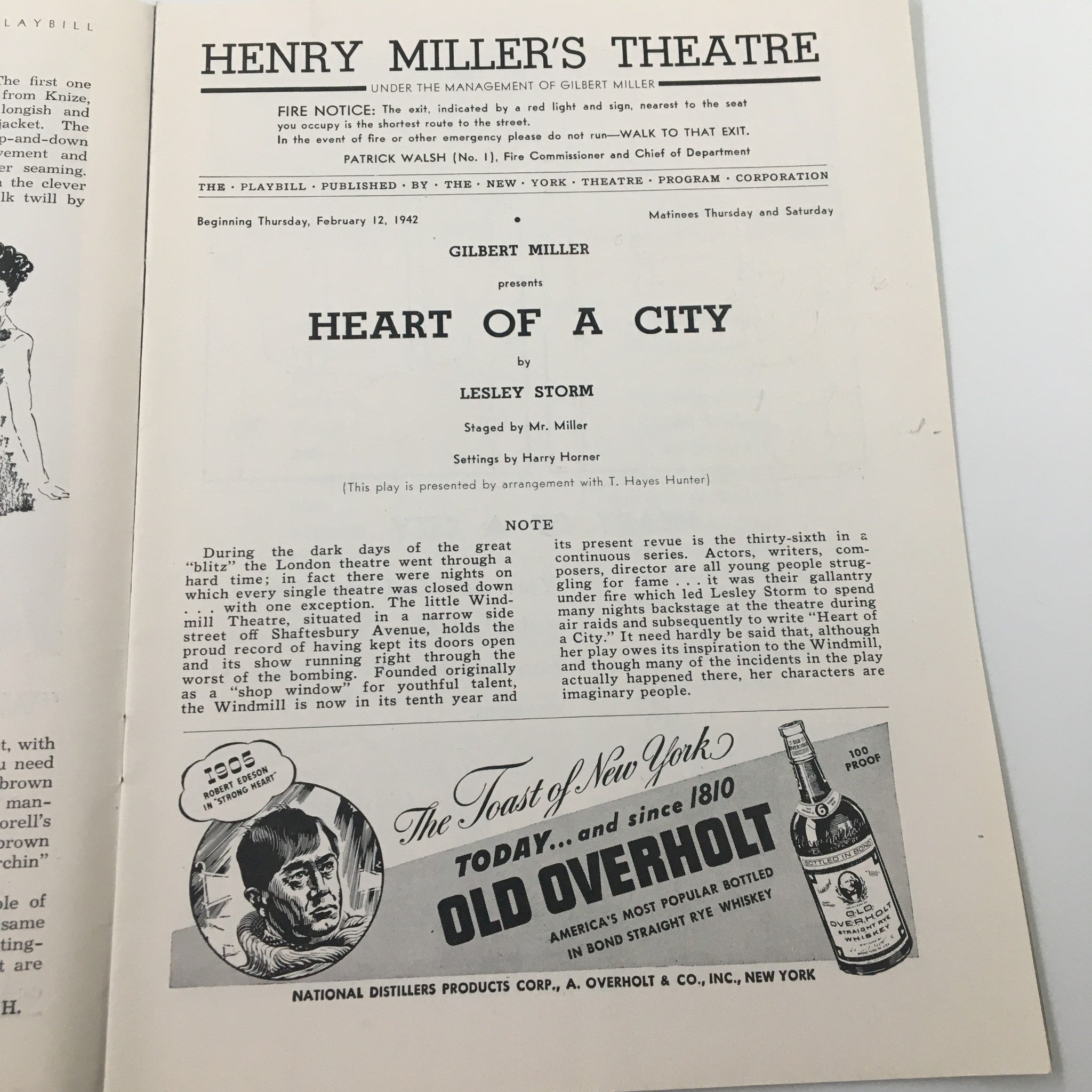 1942 Playbill Henry Miller's Theatre Heart of a City by Lesley Storm