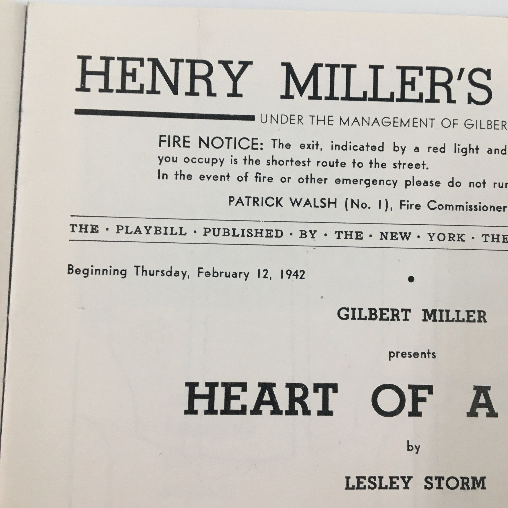 1942 Playbill Henry Miller's Theatre Heart of a City by Lesley Storm