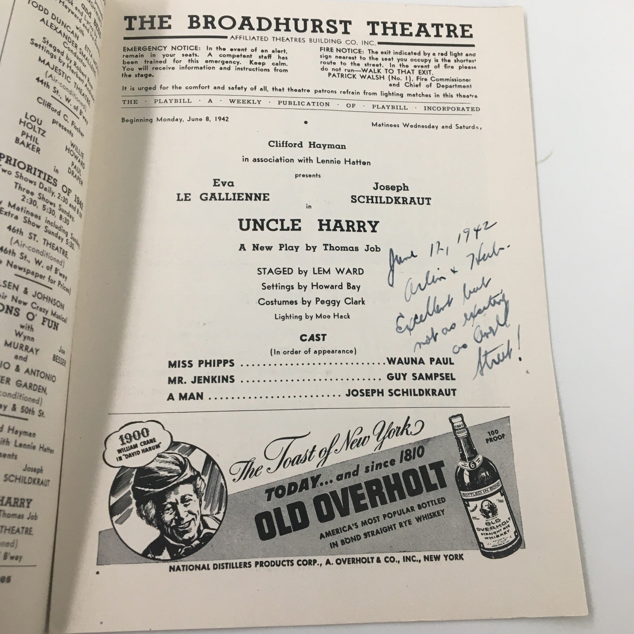 1942 Playbill The Broadhurst Theatre Eva La Gallienne Uncle Harry by Thomas Job