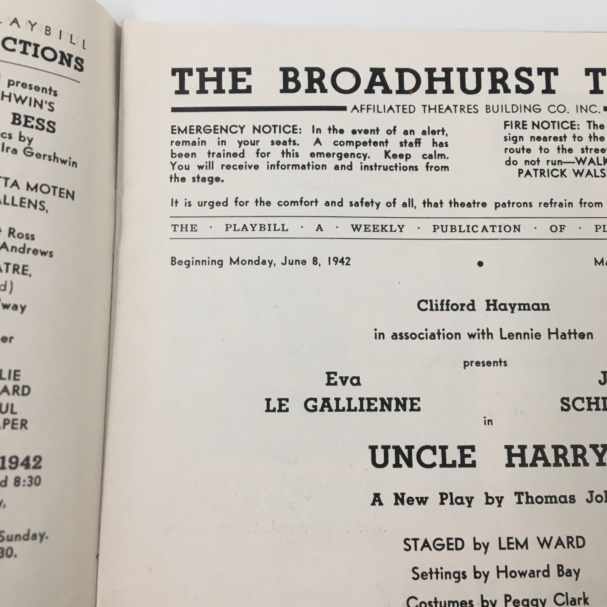 1942 Playbill The Broadhurst Theatre Eva La Gallienne Uncle Harry by Thomas Job