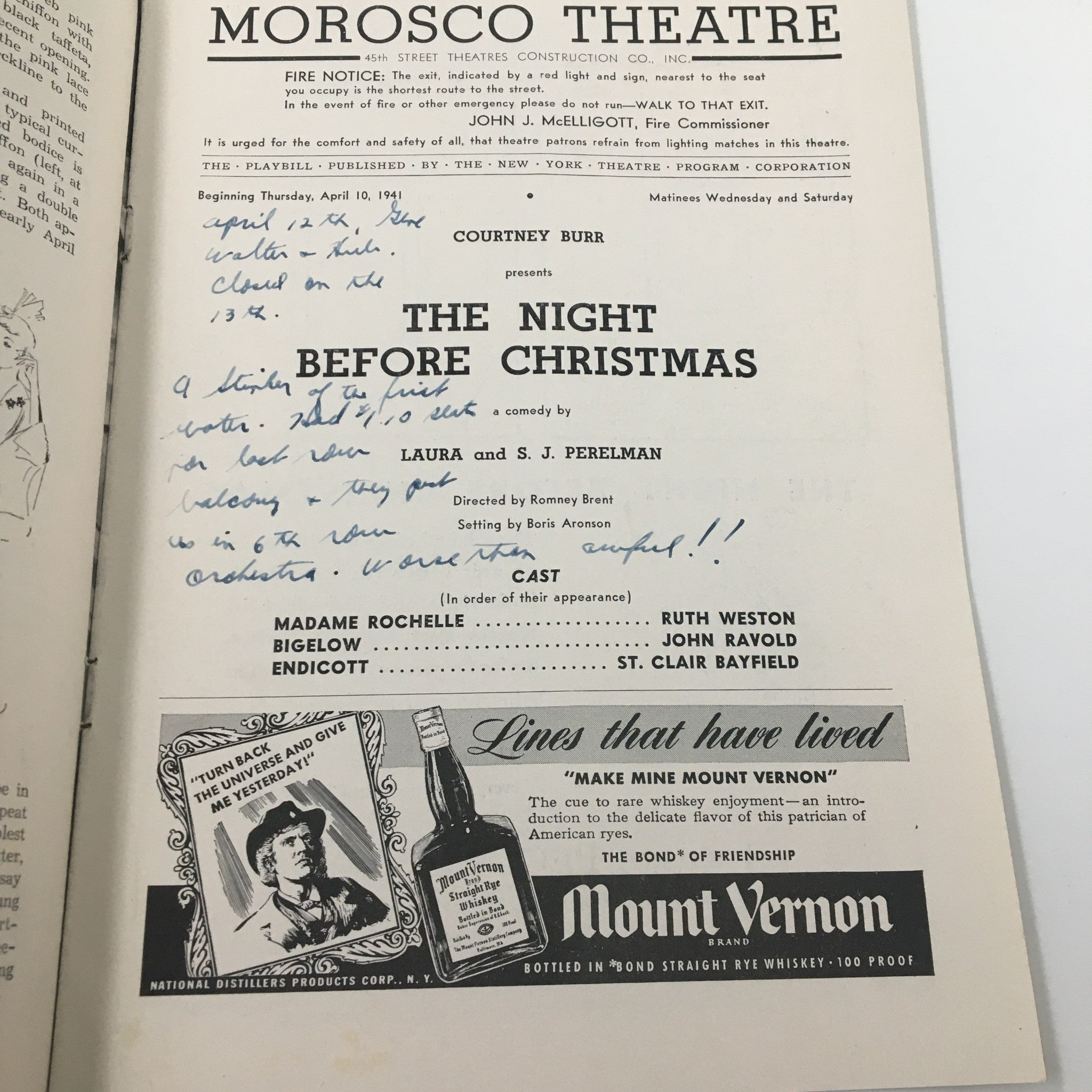 1941 Playbill Morosco Theatre Ruth Weston in The Night Before Christmas