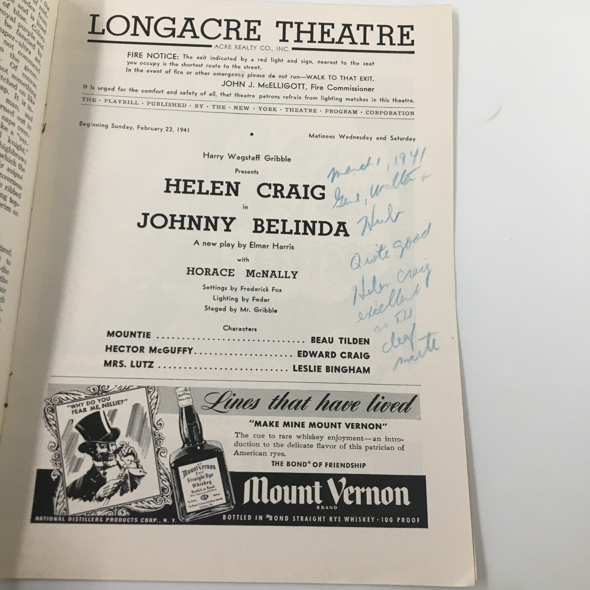 1941 Playbill Longacre Theatre Helen Craig in Johnny Belinda by Elmer Harris