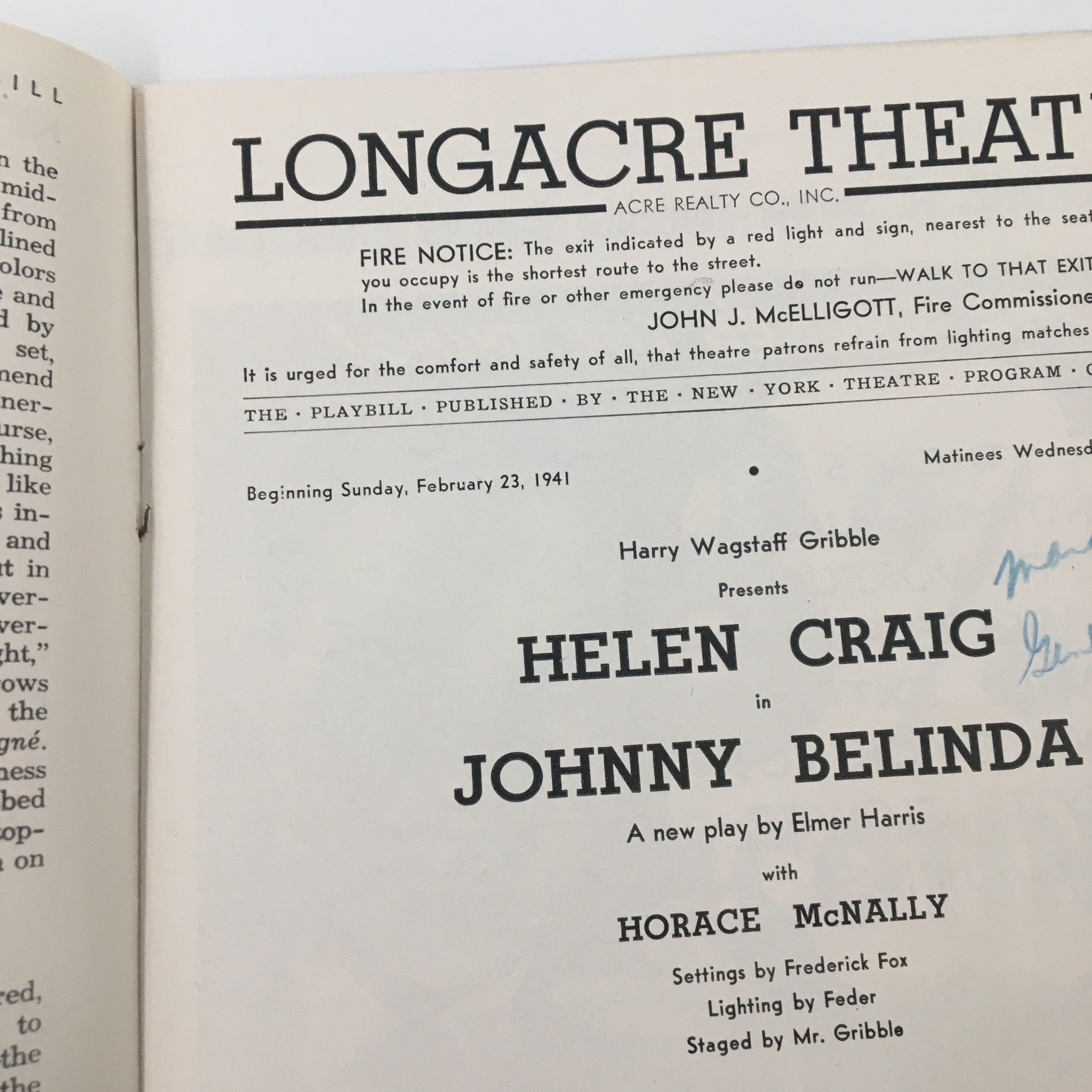 1941 Playbill Longacre Theatre Helen Craig in Johnny Belinda by Elmer Harris