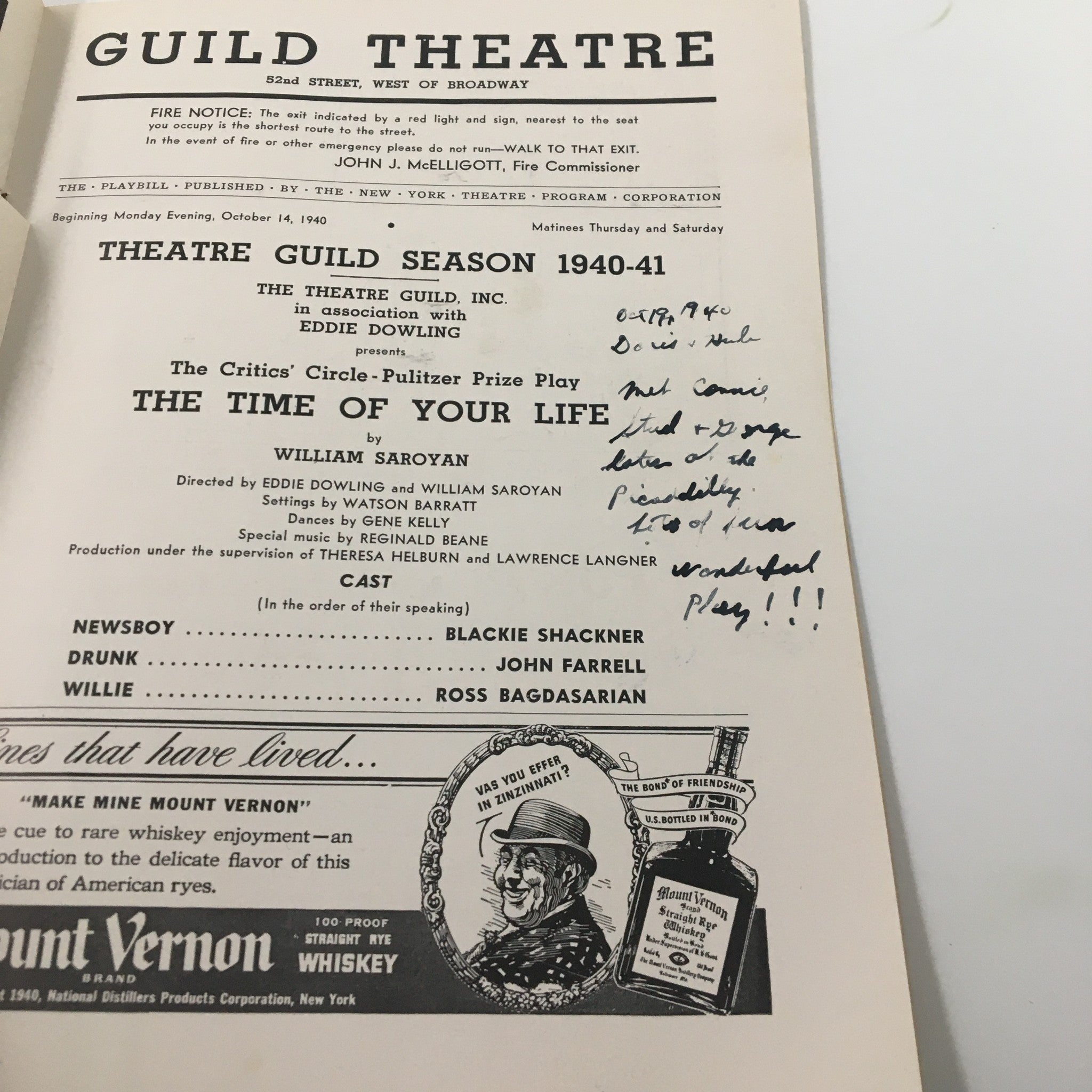 1940 Playbill Guild Theatre The Time of Your Life by William Saboyan