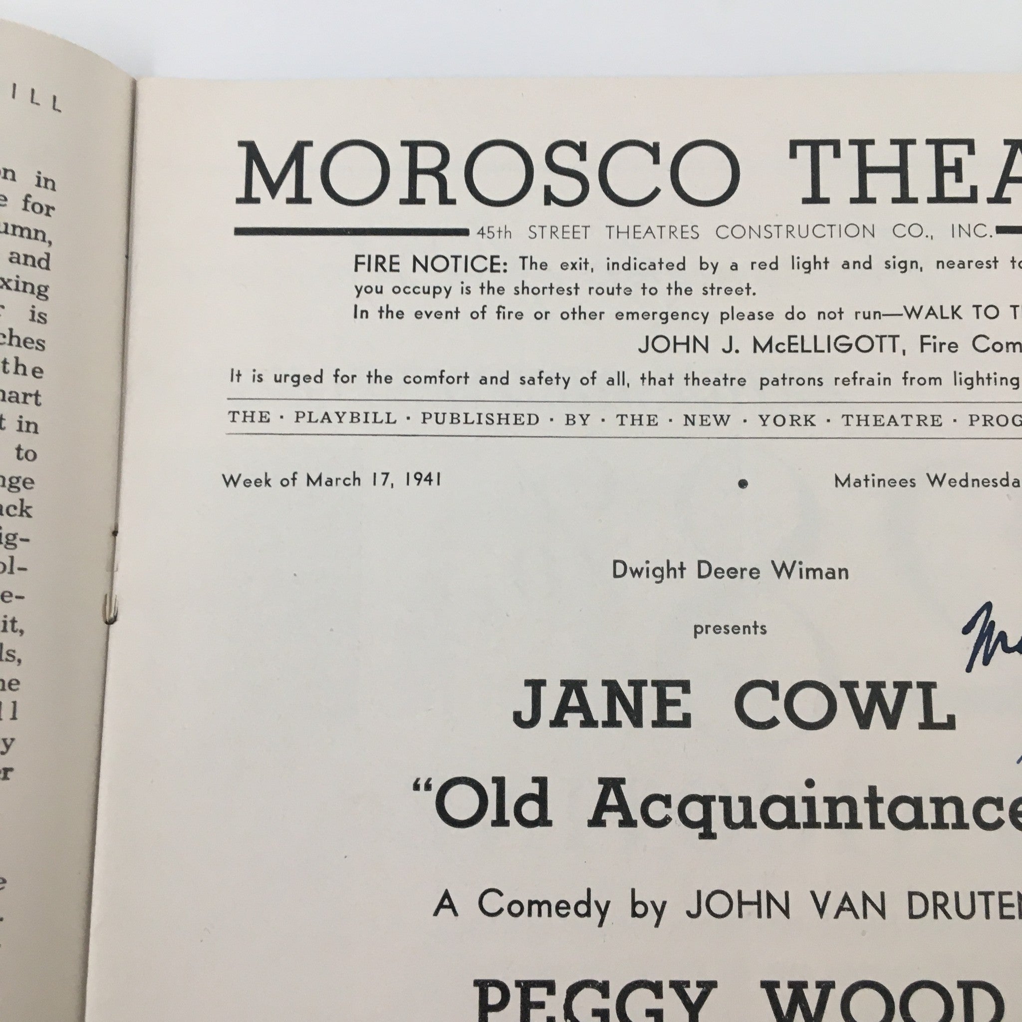 1941 Playbill Morosco Theatre Jane Cowl in Old Acquaintane by John Van Druten