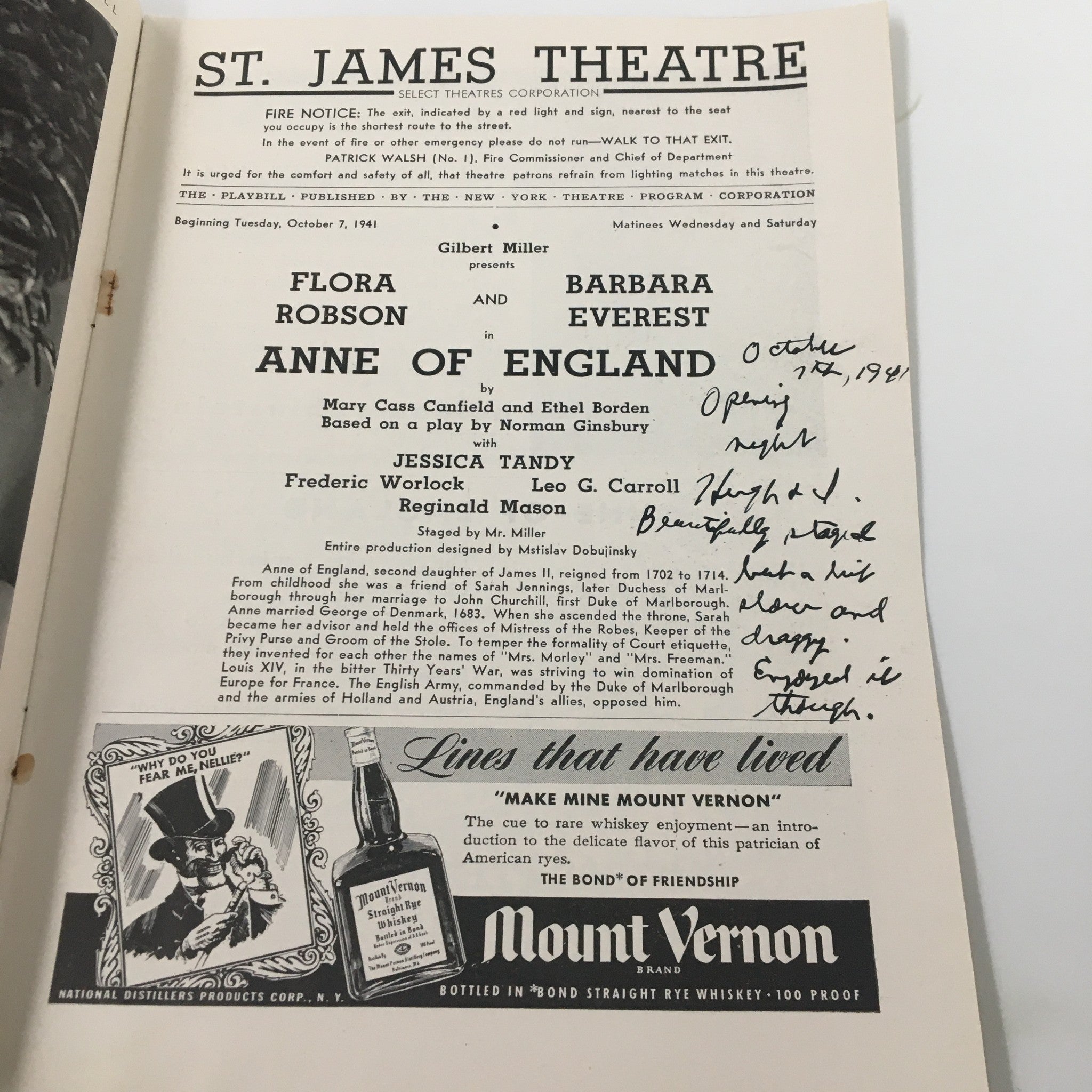 1941 Playbill St. James Theatre Flora Robson, Barbara Everest in Anne of England