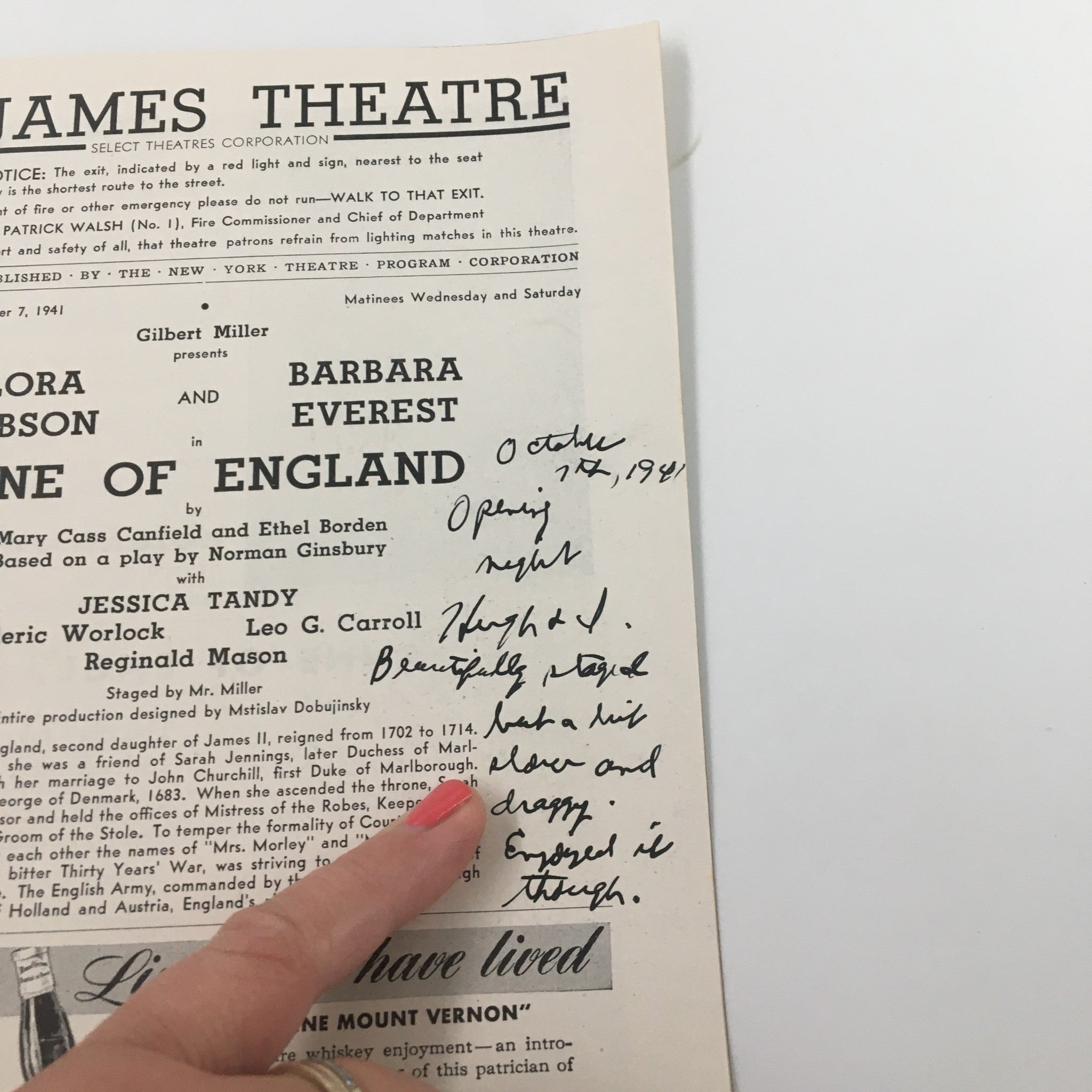 1941 Playbill St. James Theatre Flora Robson, Barbara Everest in Anne of England