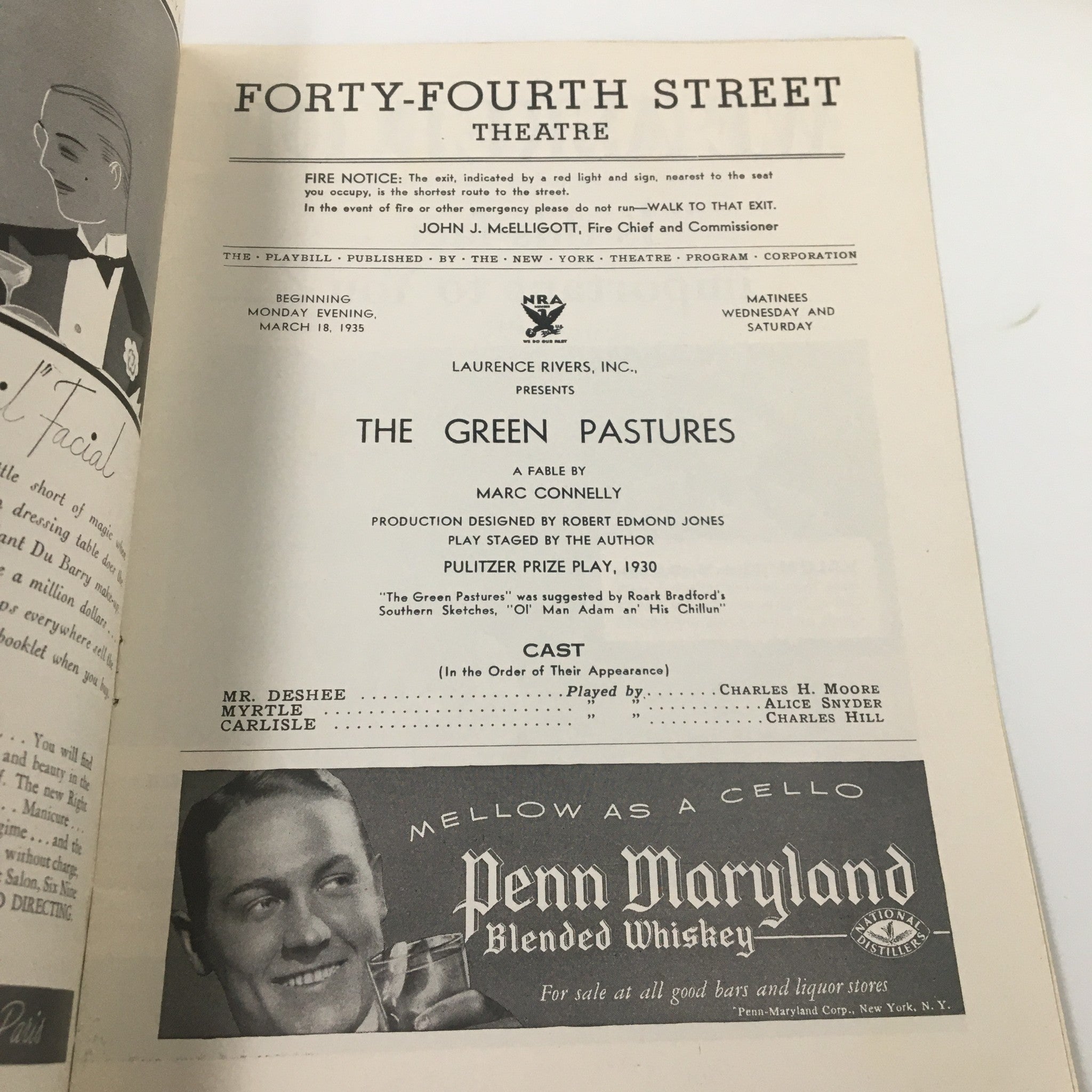 1935 Playbill Forty-Fourth Street Theatre The Green Pastures by Marc Connelly