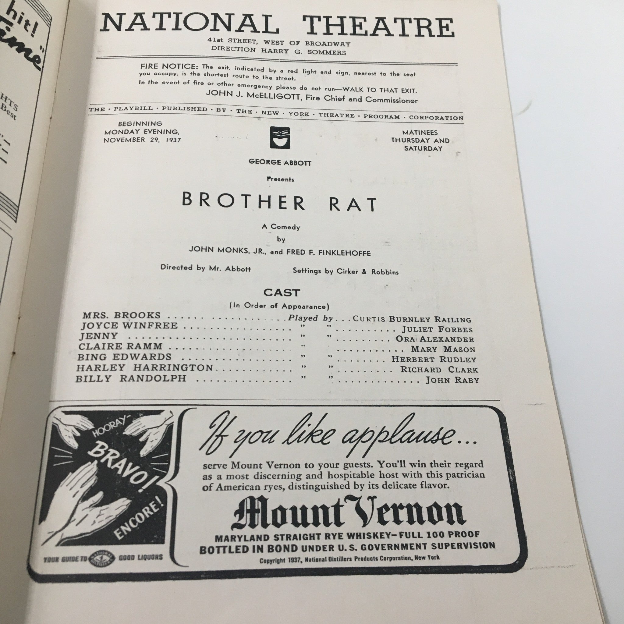 1937 Playbill National Theatre Brother Rat A Comedy by John Monks Jr.