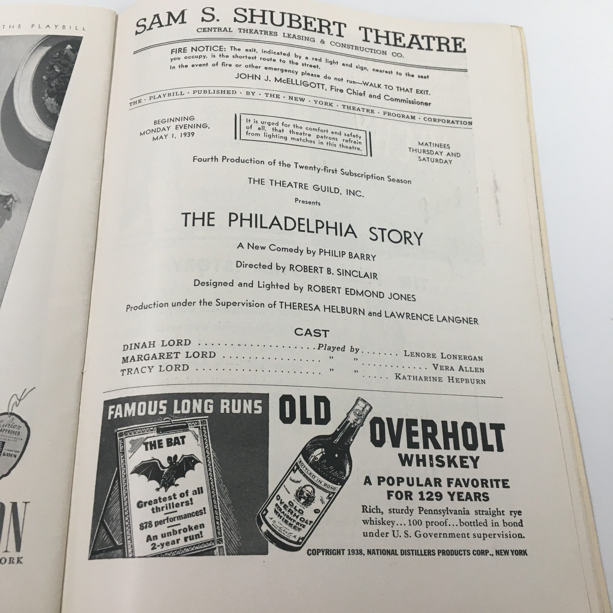 1939 Playbill Sam S. Shubert Theatre The Philadelphia Story by Philip Barry