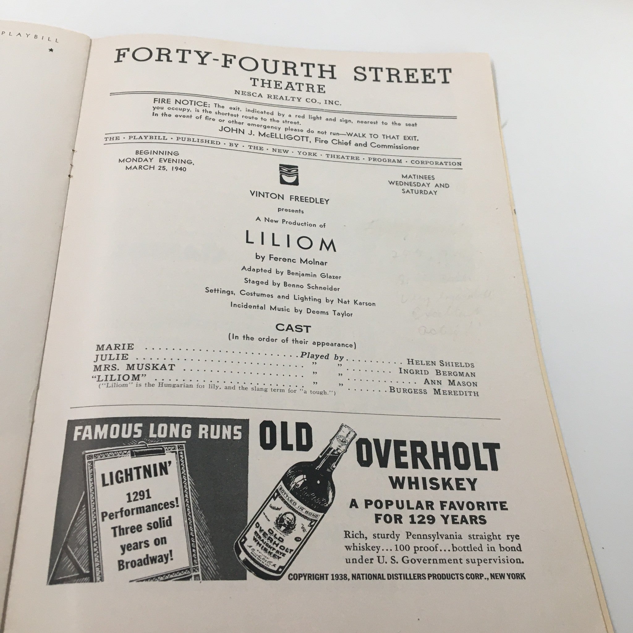 1940 Playbill Forty-Fourth Street Theatre Helen Shields Liliom by Ferenc Molnar