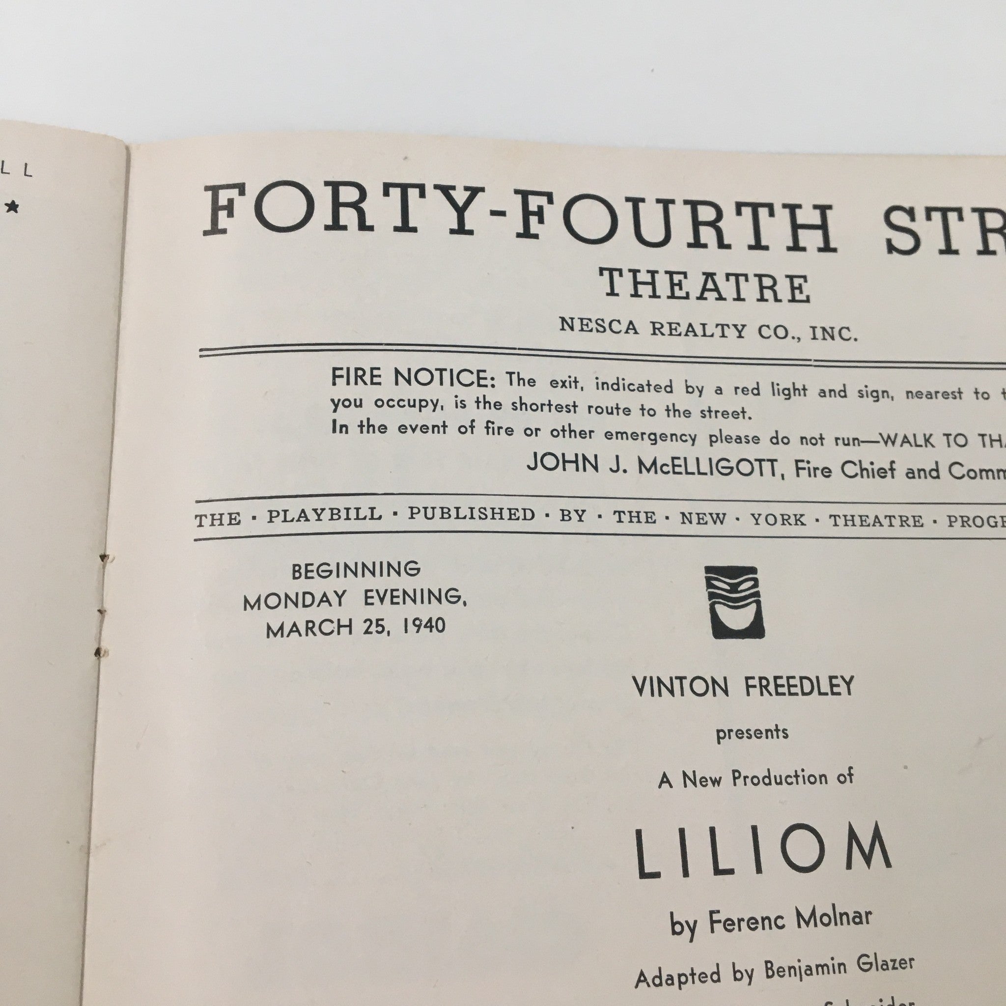 1940 Playbill Forty-Fourth Street Theatre Helen Shields Liliom by Ferenc Molnar