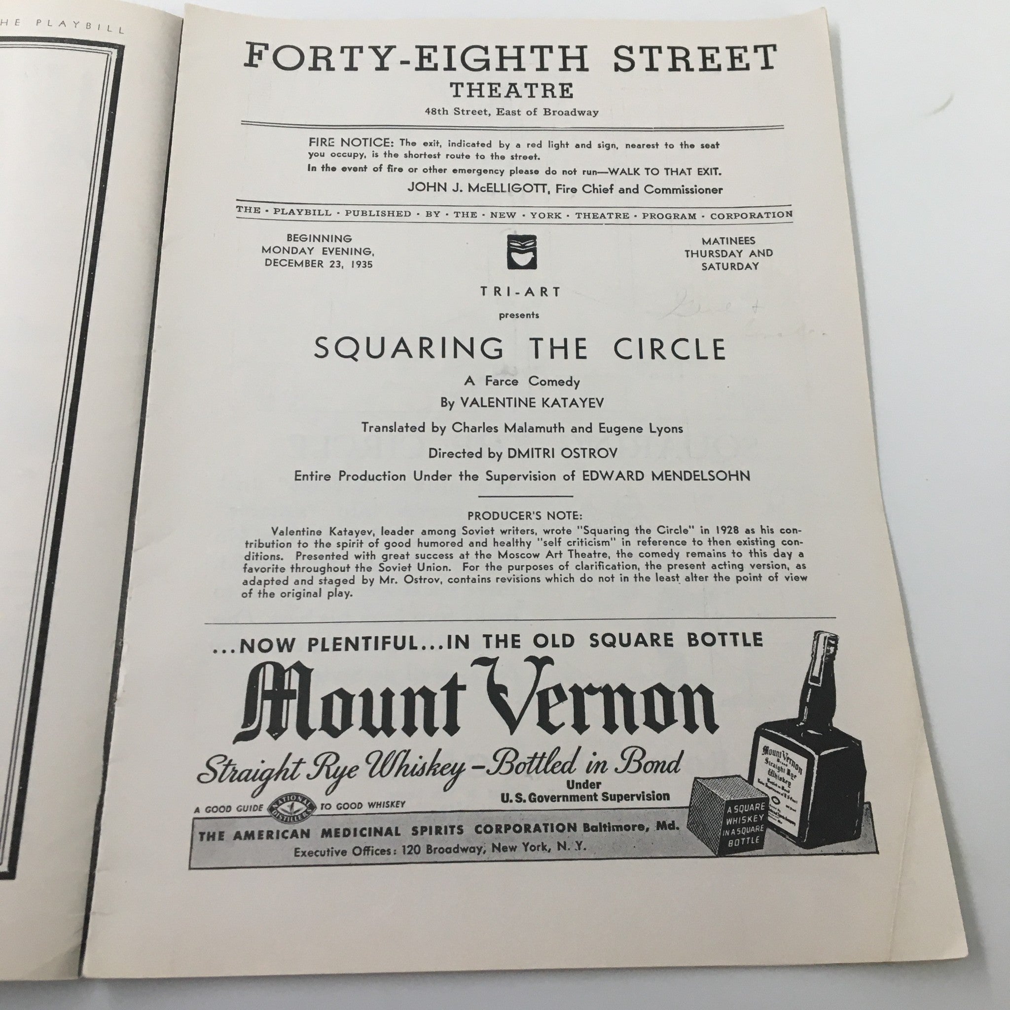 1935 Playbill Forty-Eight Street Theatre Squaring The Circle Valentine Katayev