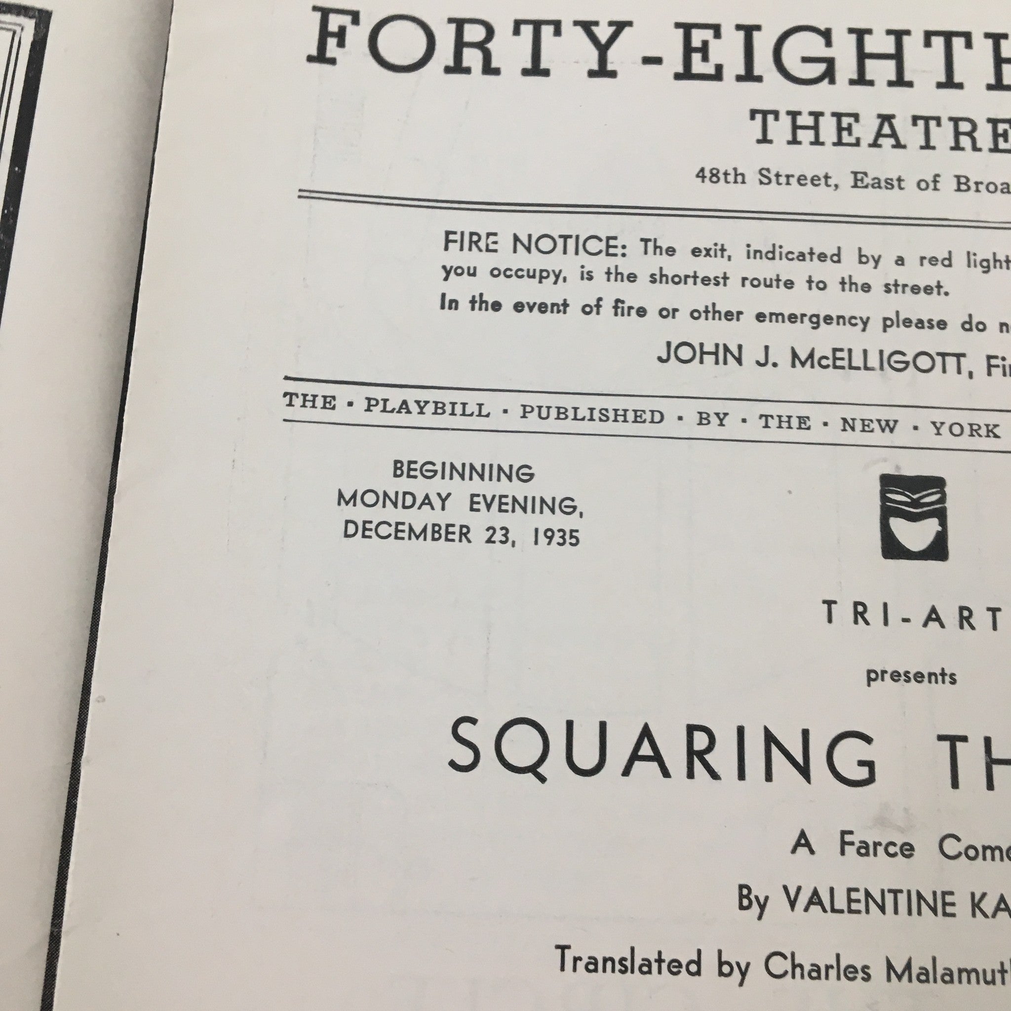 1935 Playbill Forty-Eight Street Theatre Squaring The Circle Valentine Katayev