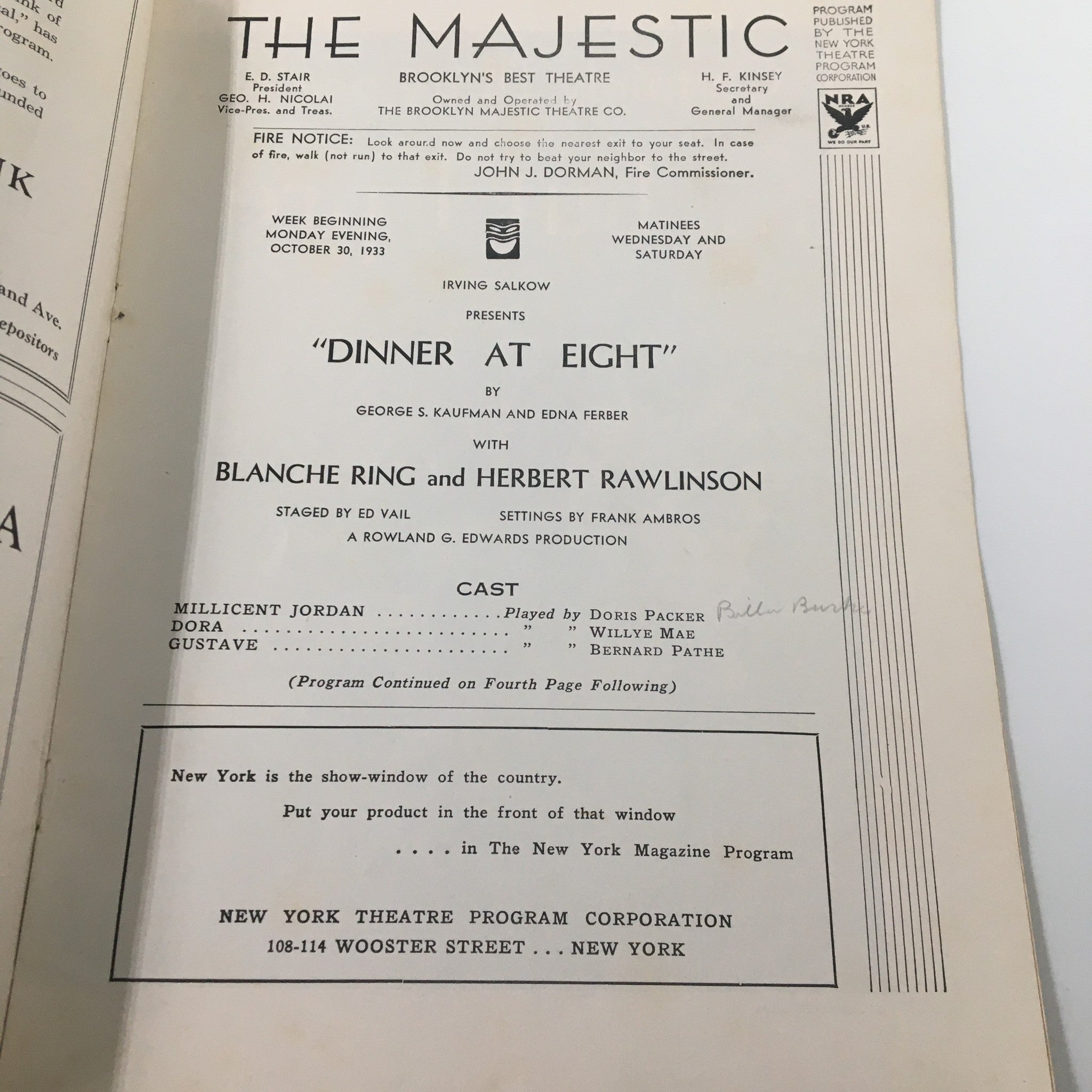 1933 The Majestic Brooklyn's Perfect Theatre Dinner at Eight by Blanche Ring