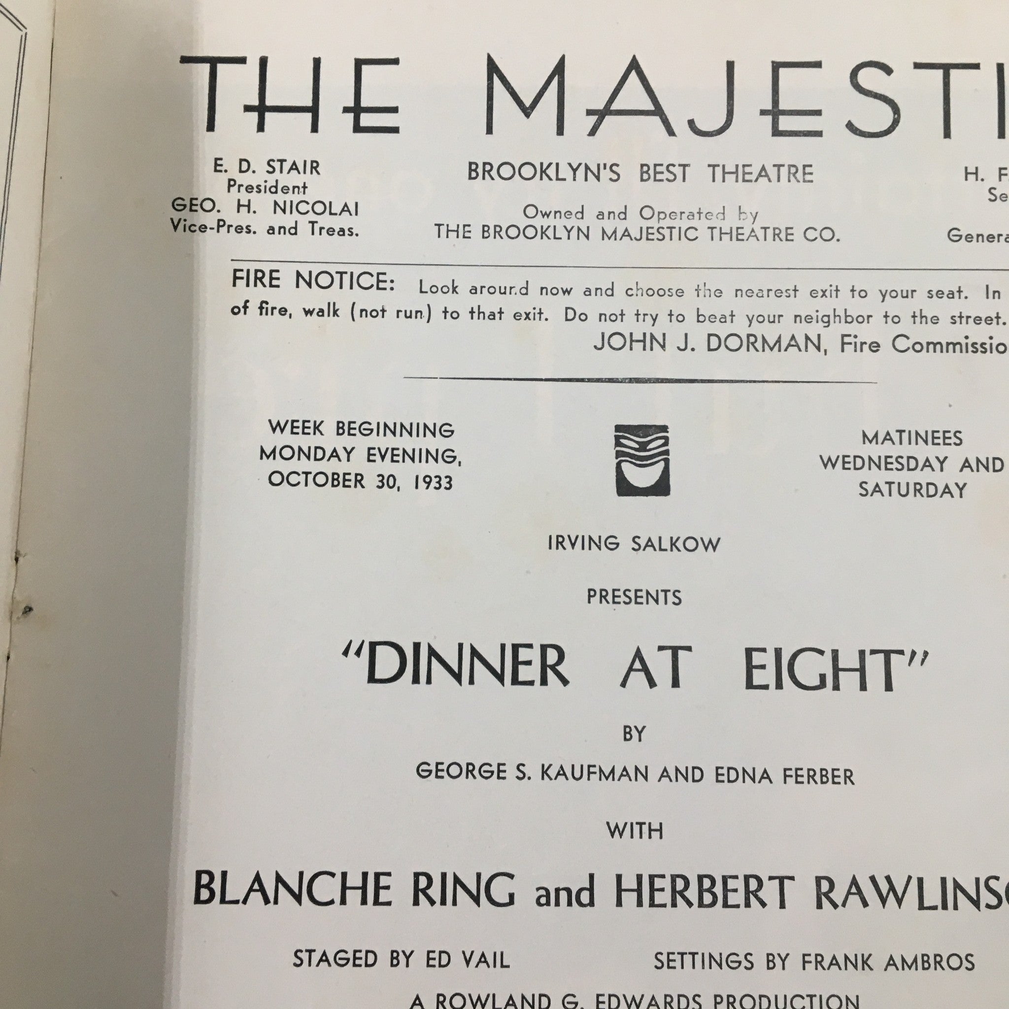 1933 The Majestic Brooklyn's Perfect Theatre Dinner at Eight by Blanche Ring