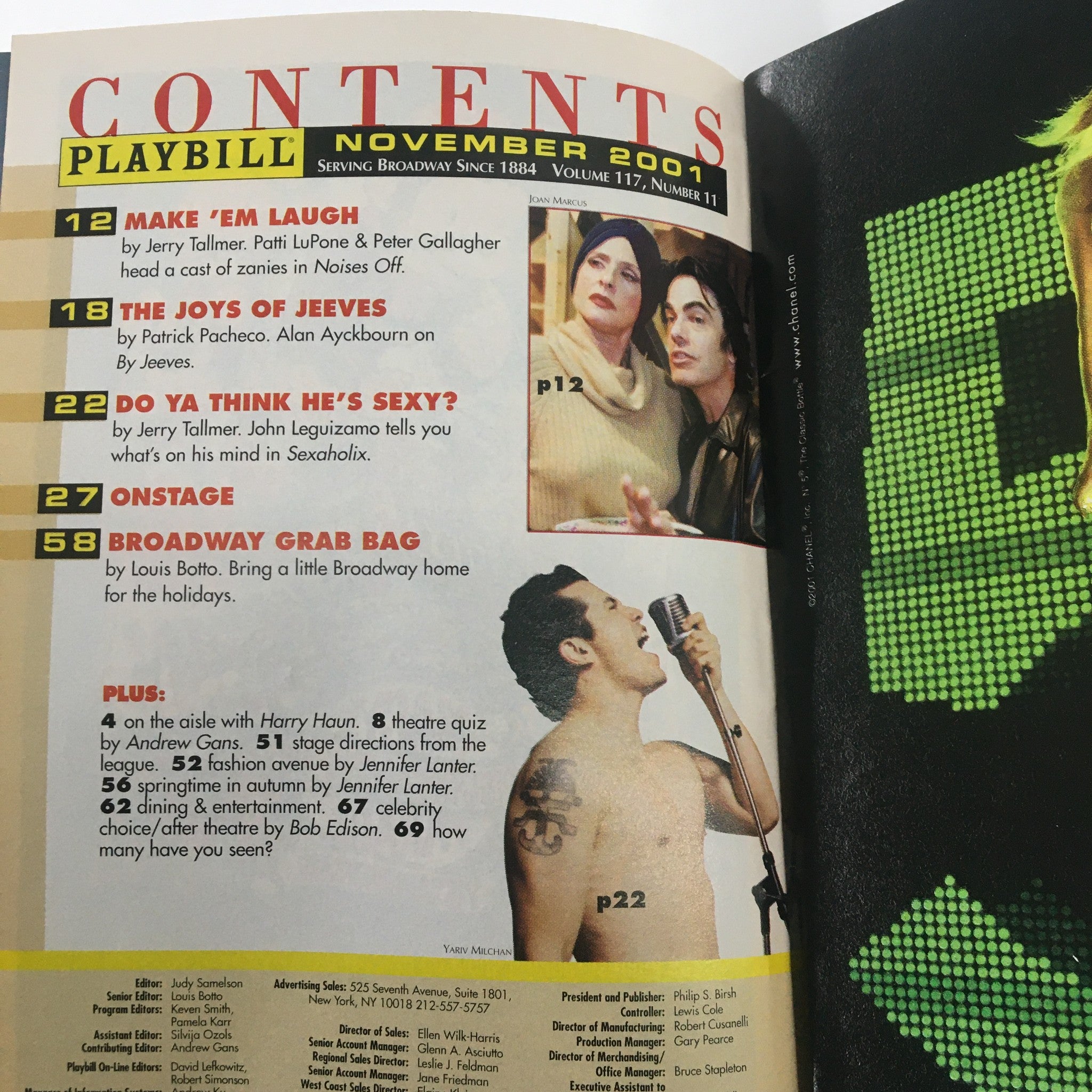 Contents page of the November 2001 Playbill, showcasing articles including 'Make Em Laugh' and 'Onstage' alongside a Broadway theme.