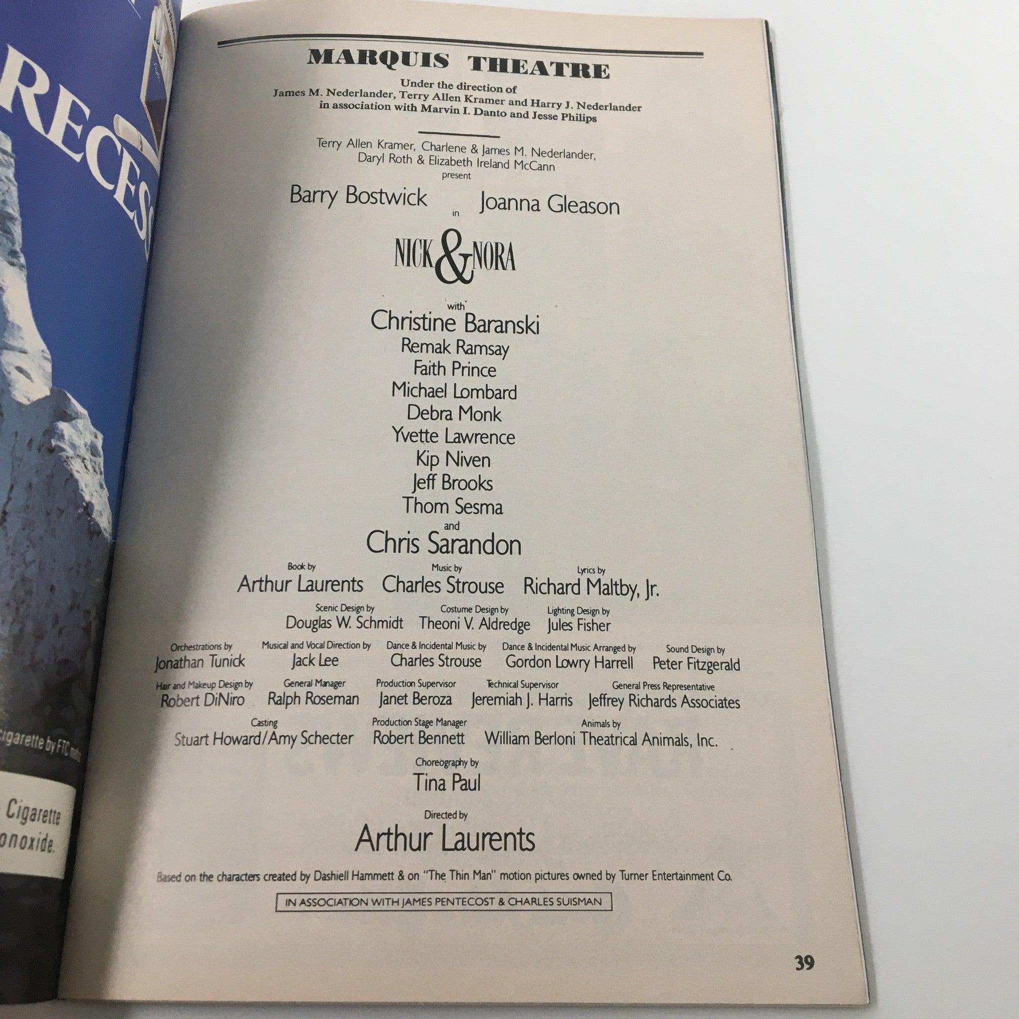 1991 Playbill Marquis Theatre Barry Bostwick, Joanna Gleason in Nick & Nora VG