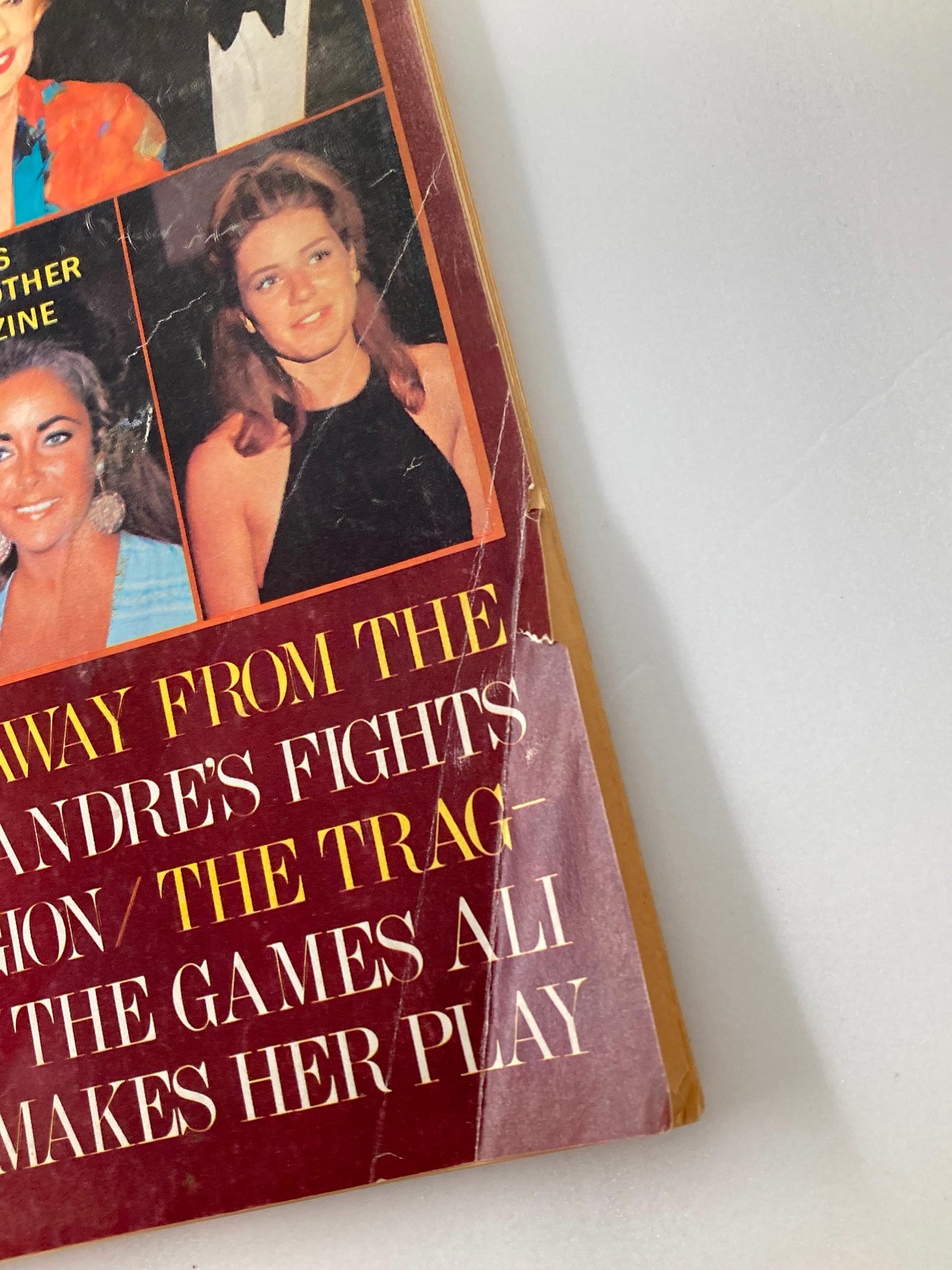 Close-up of the cover of VTG Cinema Scene Magazine March 1971 Vol 1 #6 highlighting Elizabeth Taylor and details about celebrity stories within the magazine.