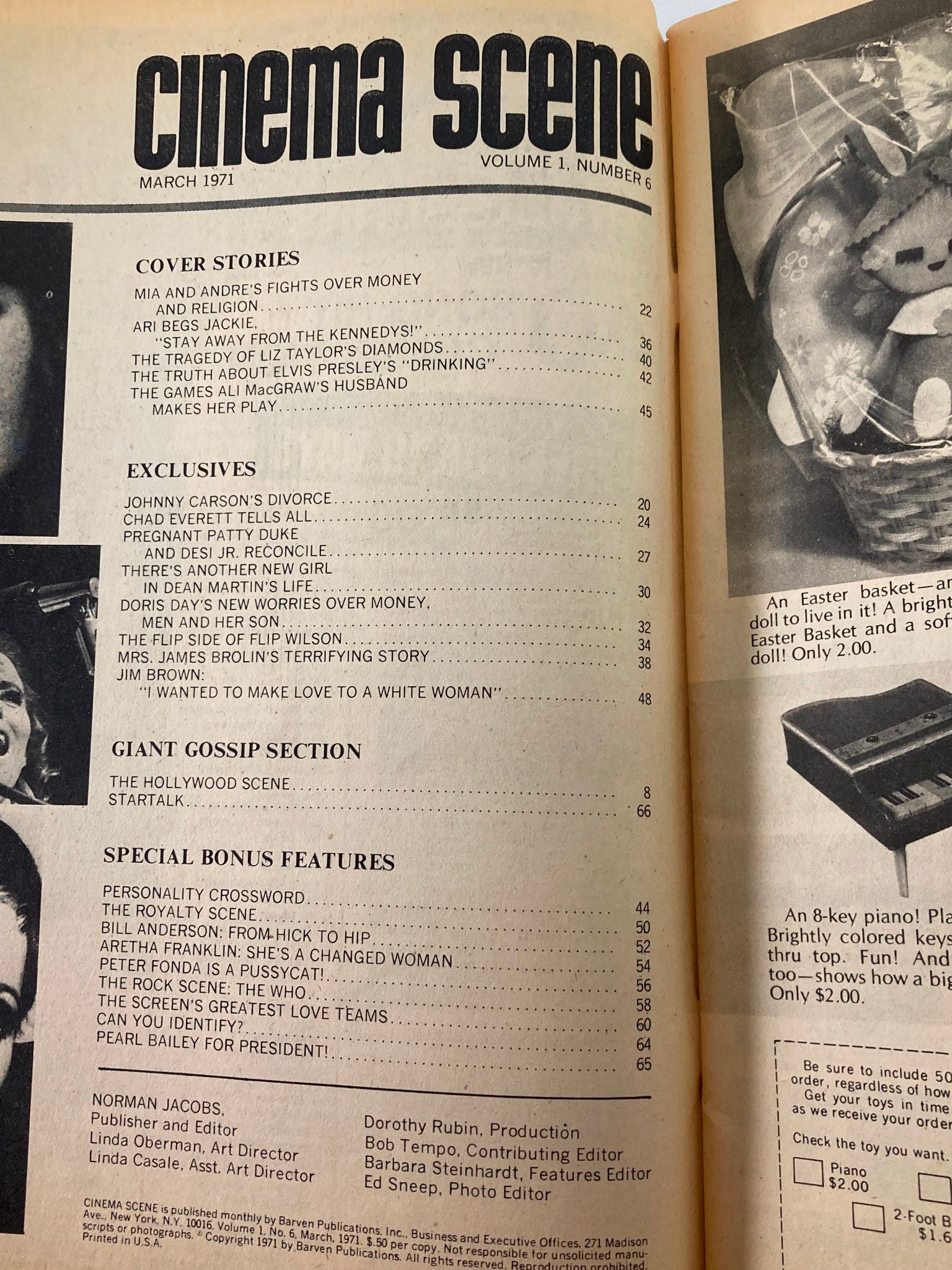 Interior page from VTG Cinema Scene Magazine March 1971 Vol 1 #6 showing the contents including various celebrity gossip and feature articles.
