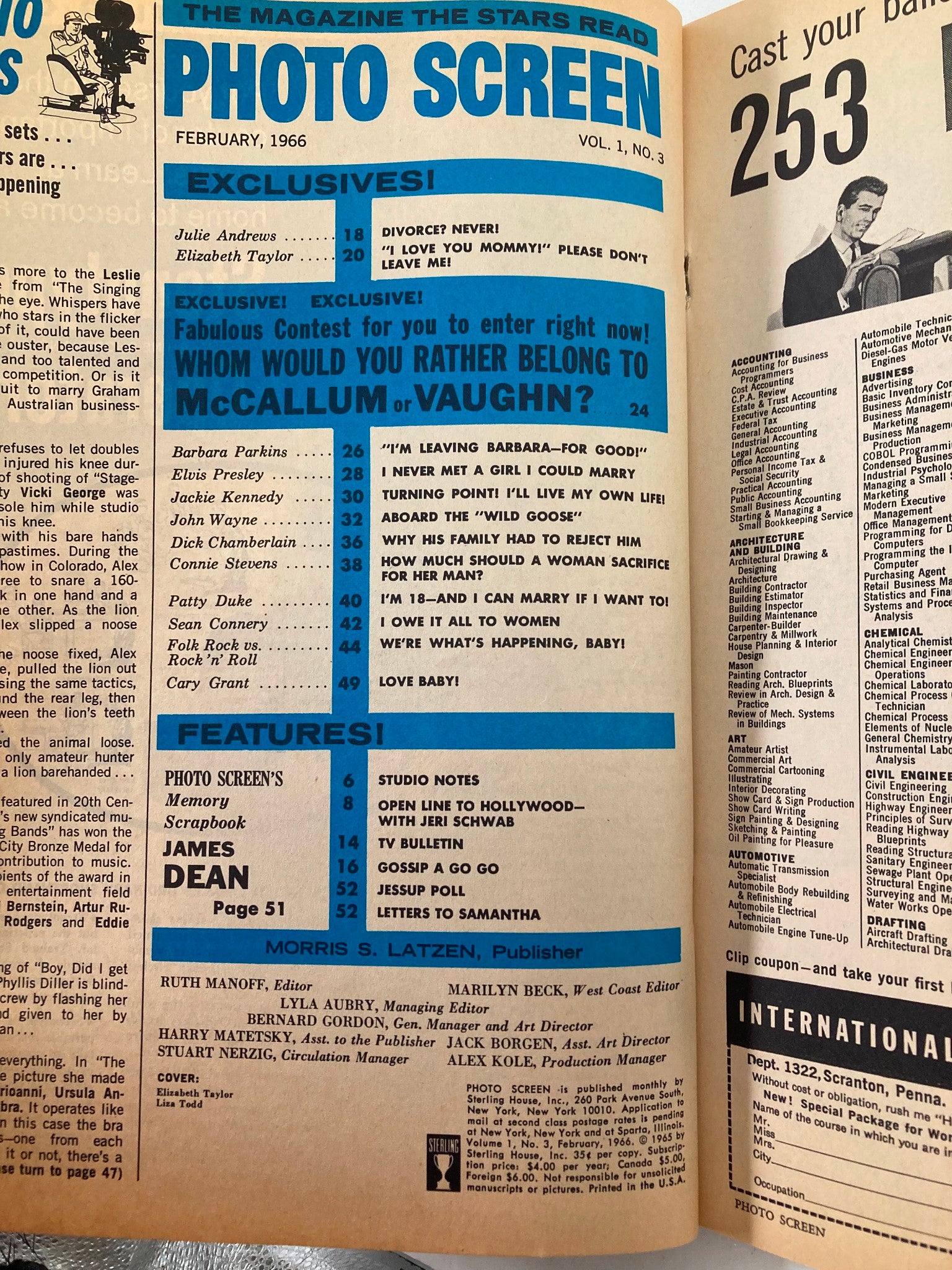 Interior page of 'VTG Photo Screen Magazine February 1966 Vol 1 #3 Elizabeth Taylor No Label' displaying the table of contents and featured articles from the issue.