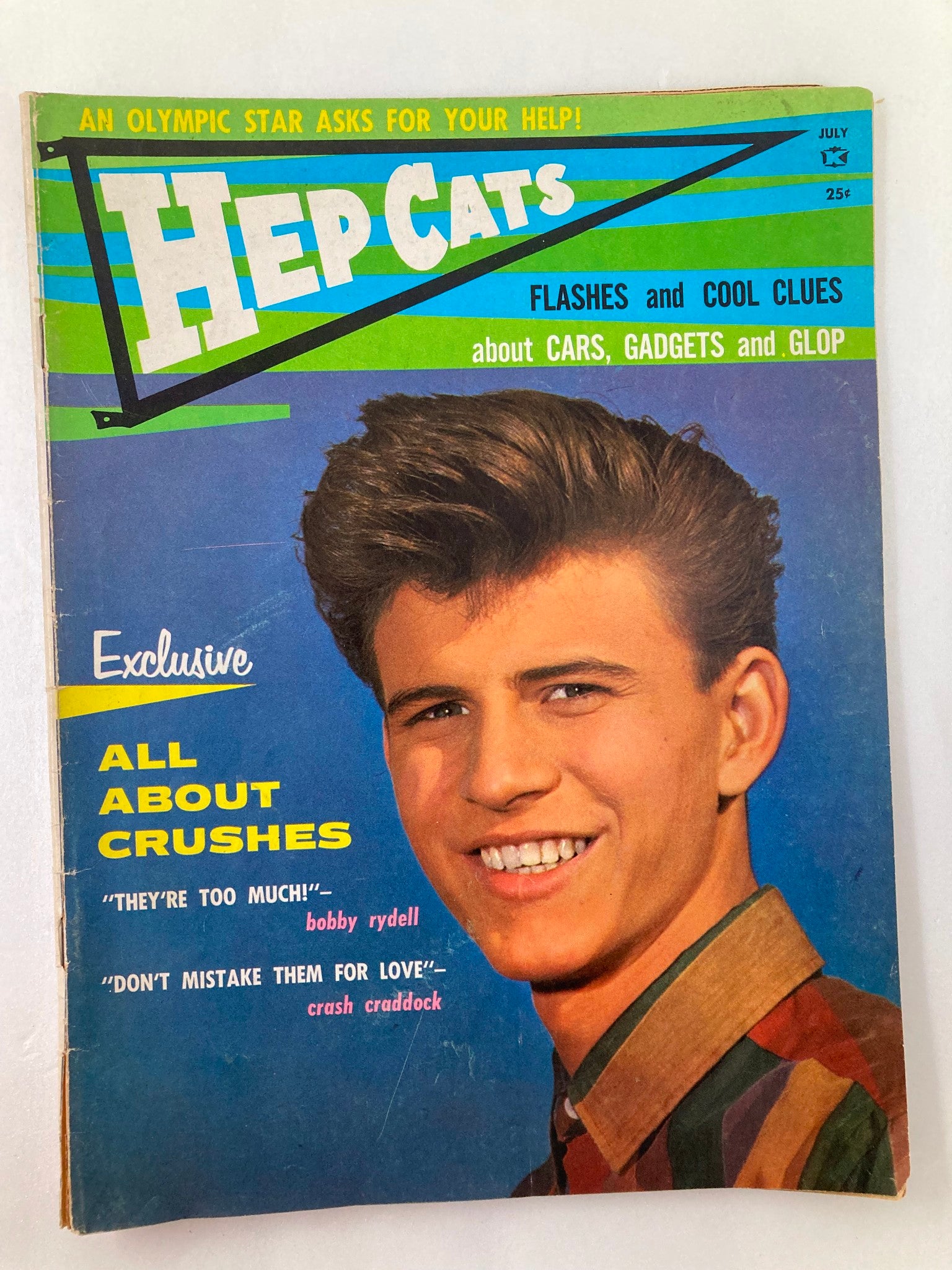 Cover of VTG Hep Cats Magazine July 1960 Vol 5 #3 featuring Bobby Rydell, with the title 'All About Crushes' highlighting young love in the 1960s.
