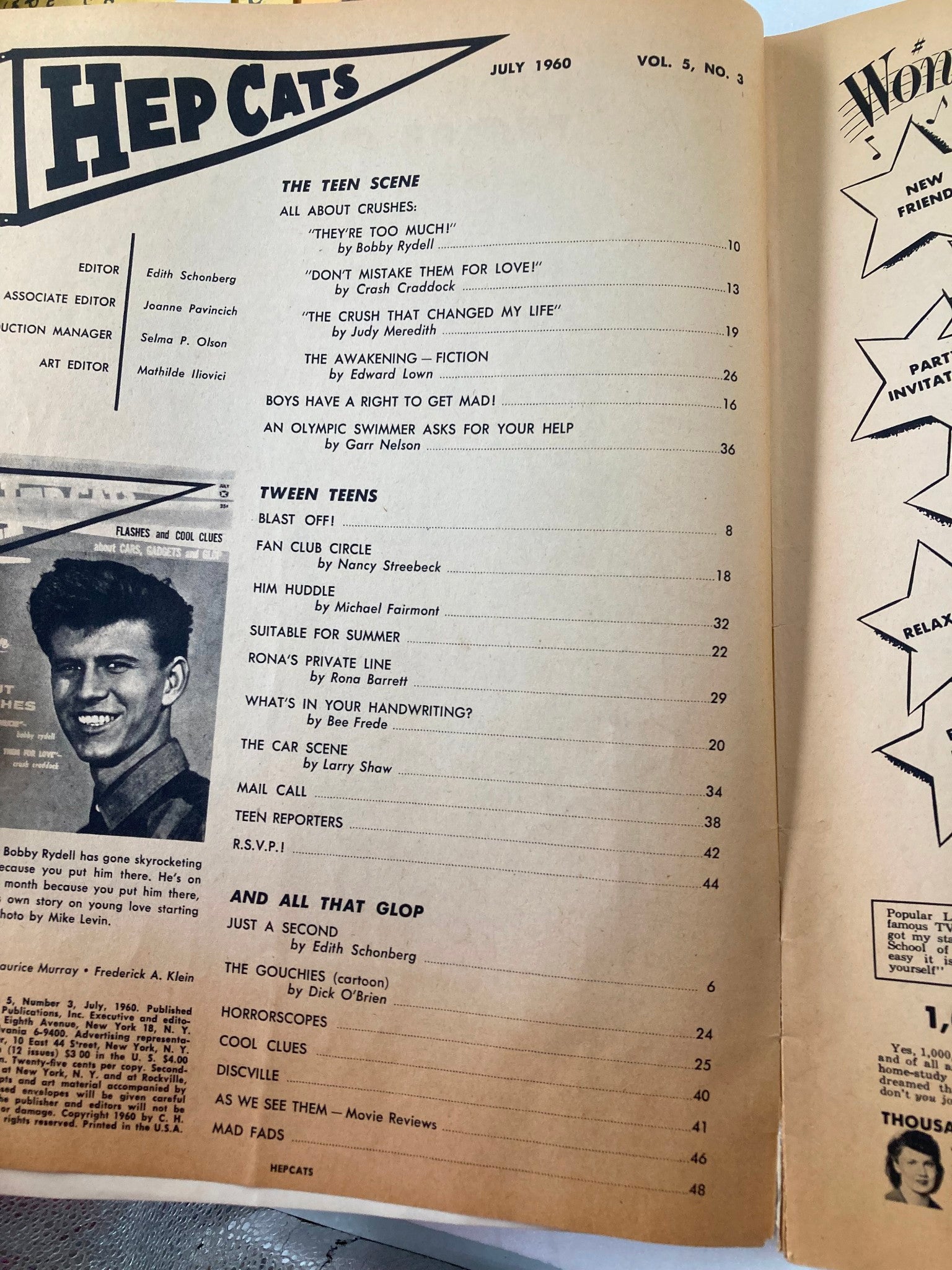 Inside spread of VTG Hep Cats Magazine July 1960 Vol 5 #3, listing articles and features including 'The Teen Scene' and 'Boys Have a Right to Get Mad'.