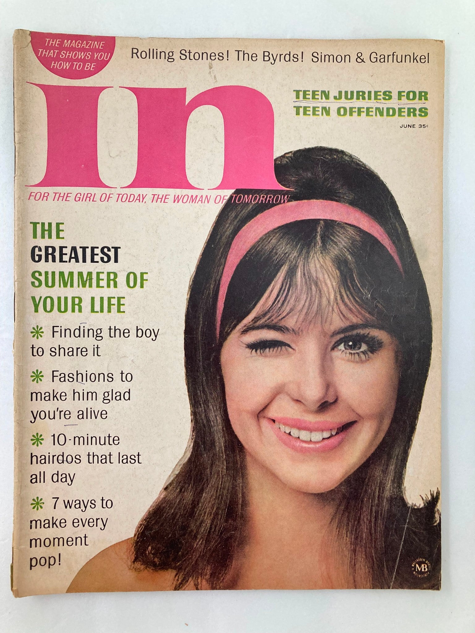 Cover of VTG IN Magazine June 1966, Volume 2, Issue 4, featuring a young woman with a playful wink and a pink headband, promoting articles on teen juries for teen offenders and summer activities.
