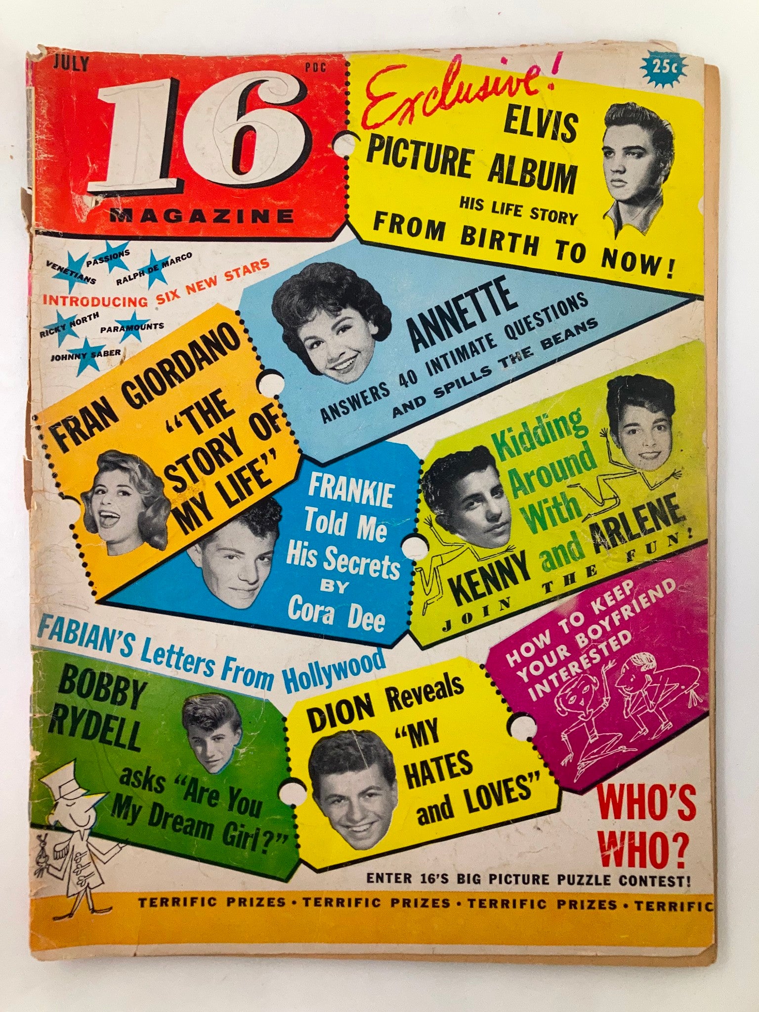 VTG 16 Magazine July 1960, Volume 2, Issue 5, featuring Fran Giordano and Elvis Presley on the cover, showcasing a colorful vintage design that captures the essence of 1960s pop culture.