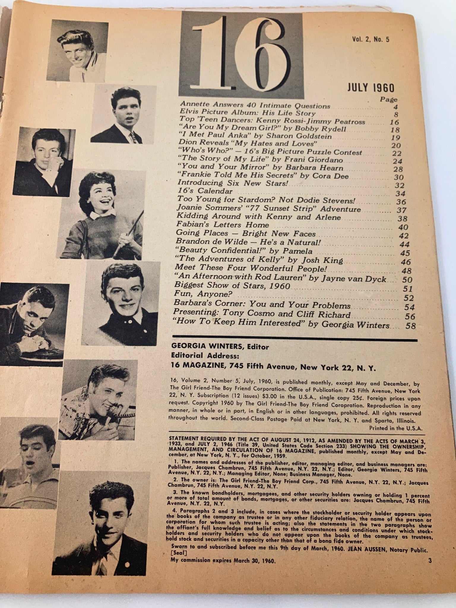 Vintage VTG 16 Magazine from July 1960, Volume 2, Issue 5, featuring a table of contents and images of popular stars like Elvis Presley and Fran Giordano, highlighting topics and articles in classic pop culture.
