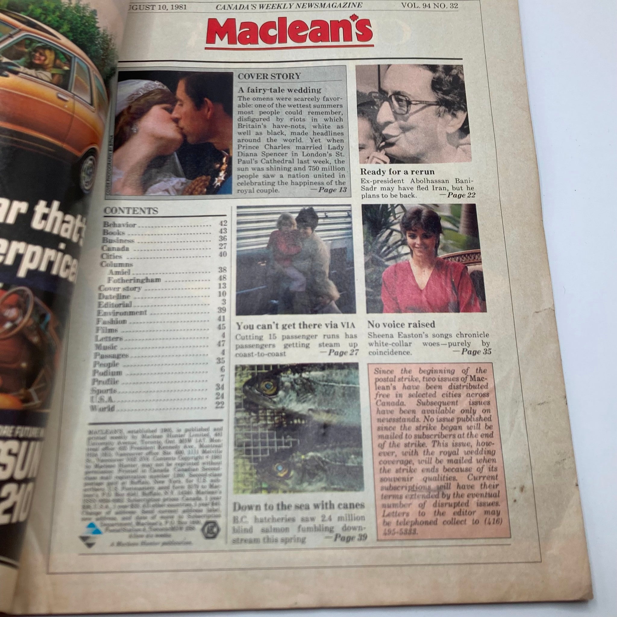 Inside page of Maclean's Magazine from August 10, 1981, showcasing features related to the cover story 'A fairy-tale wedding'.