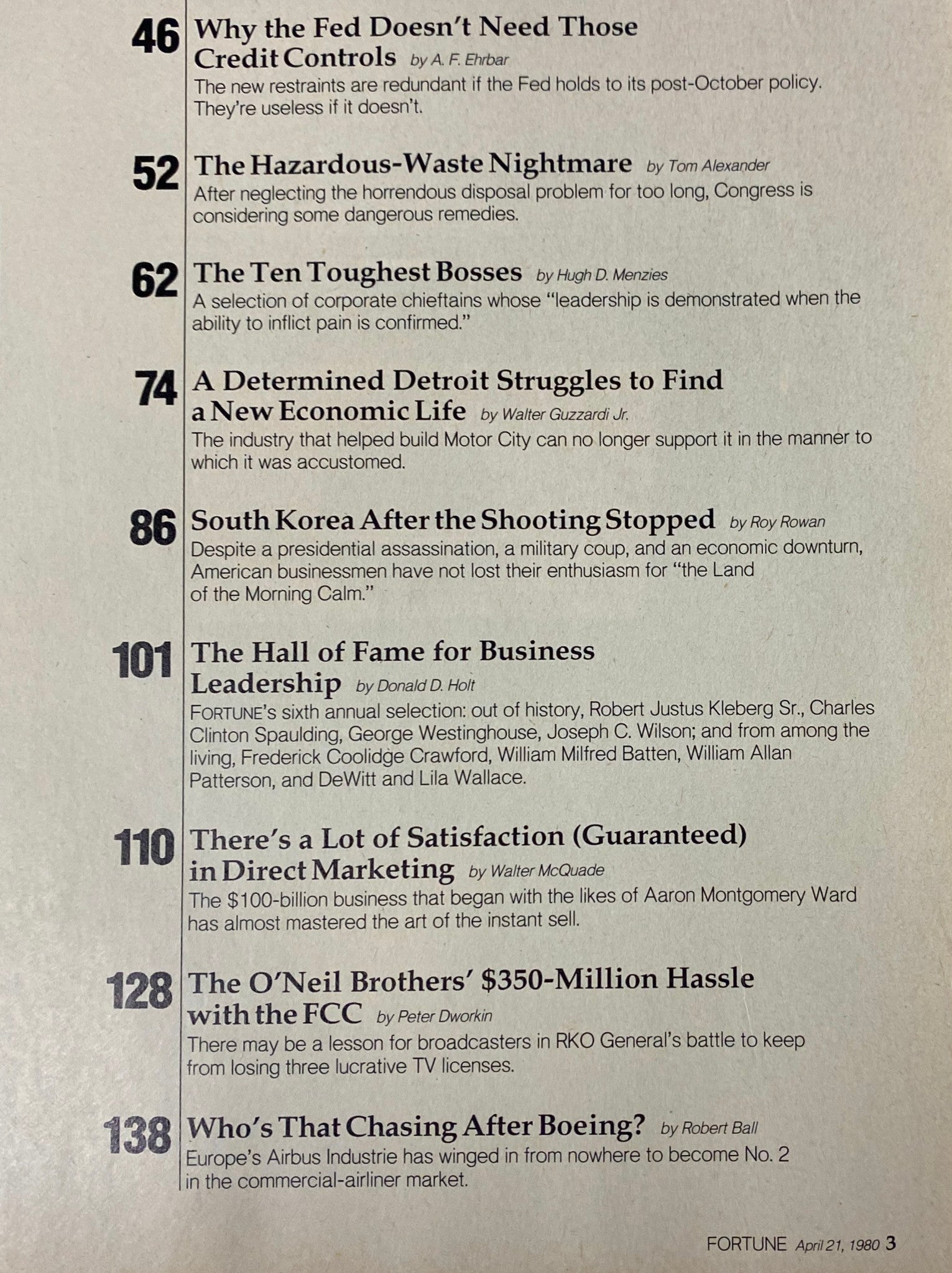 Table of contents from Fortune Magazine dated April 21, 1980, featuring articles focused on economic challenges including 'Why the Fed Doesn’t Need Those Credit Controls' and 'A Determined Detroit Struggles to Find a New Economic Life.'