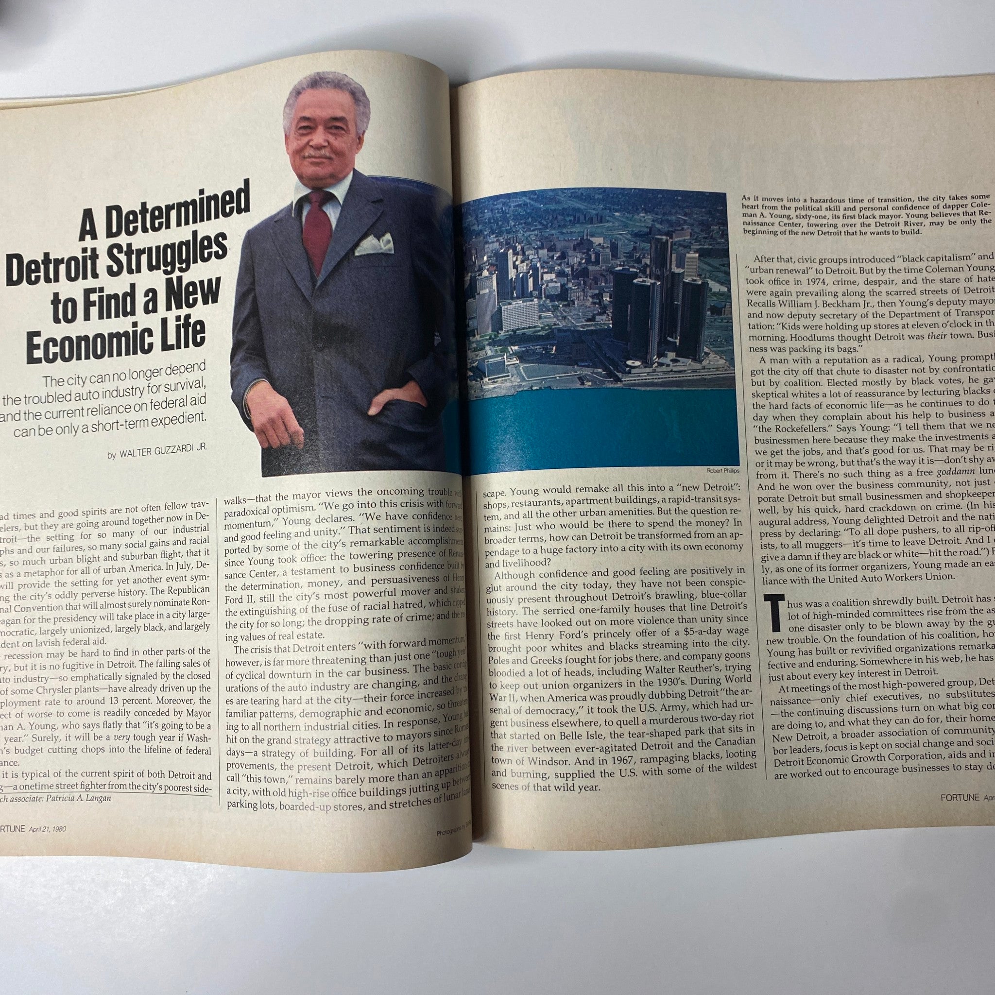 An article spread from Fortune Magazine April 21, 1980, titled 'A Determined Detroit Struggles to Find a New Economic Life' showcasing a prominent business leader and an aerial view of Detroit.