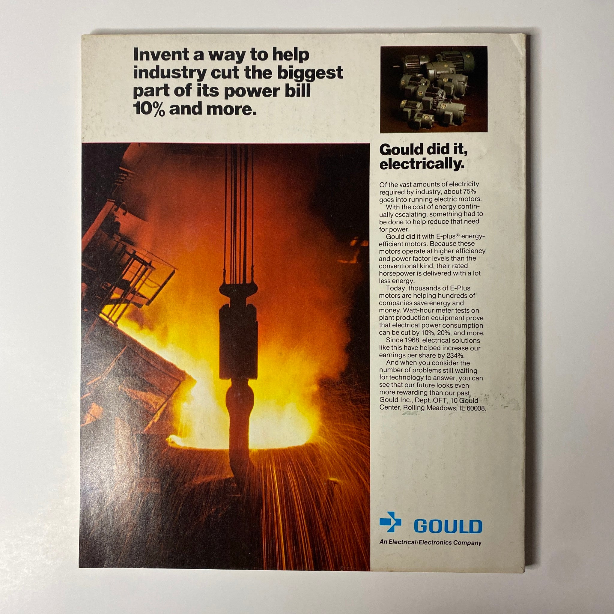 Back cover of Fortune Magazine April 21, 1980, featuring an advertisement for Gould Electrical Electronics Company highlighting energy-efficient solutions for industrial power management.