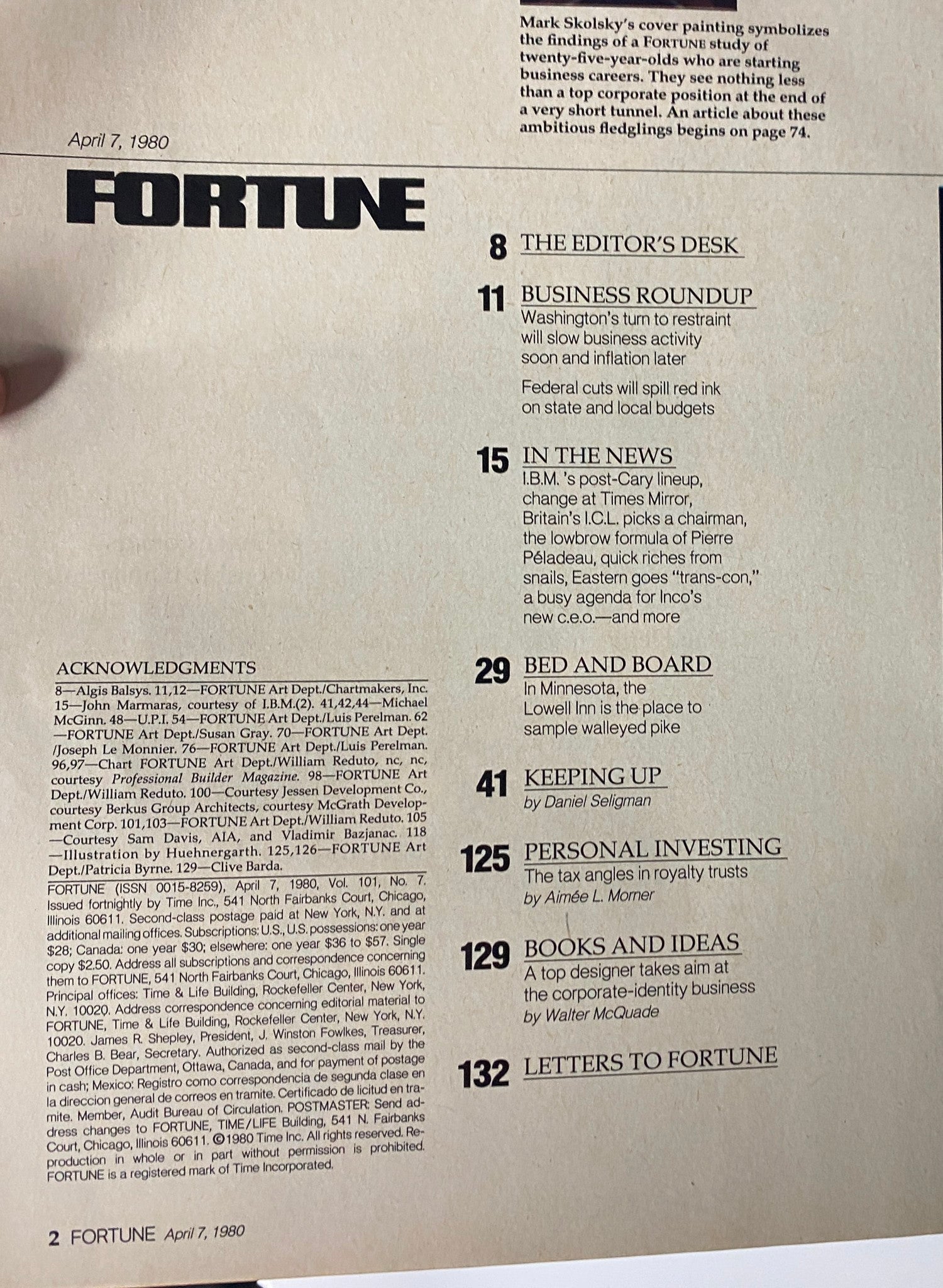 Interior page of Fortune Magazine, April 7, 1980, includes the table of contents and highlights articles such as the editor's desk and business roundup. This issue delves into young professionals' views on their future.