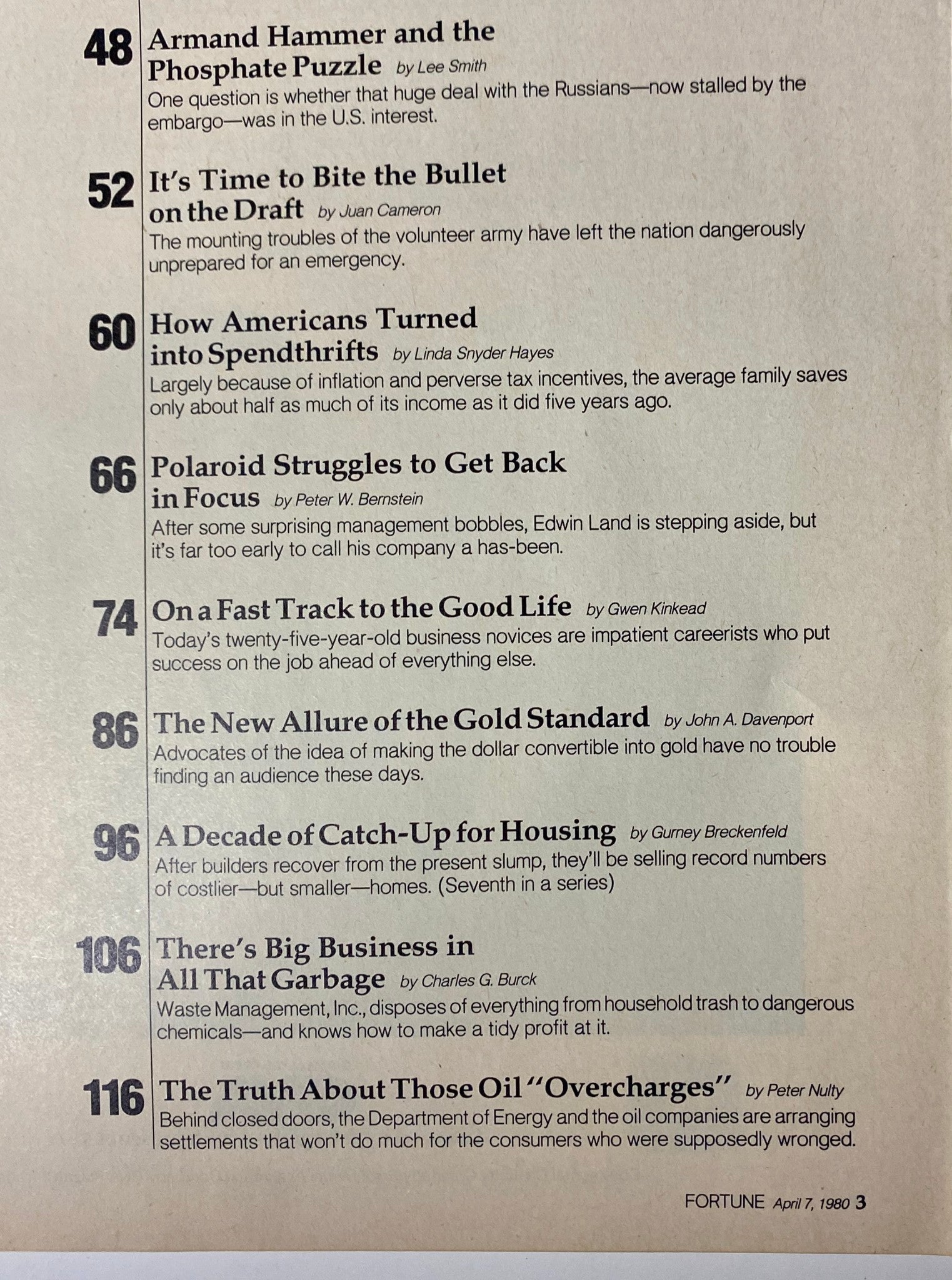 Table of contents from Fortune Magazine April 7, 1980, showcasing articles on economic trends, investment strategies, and young professionals' career ambitions.