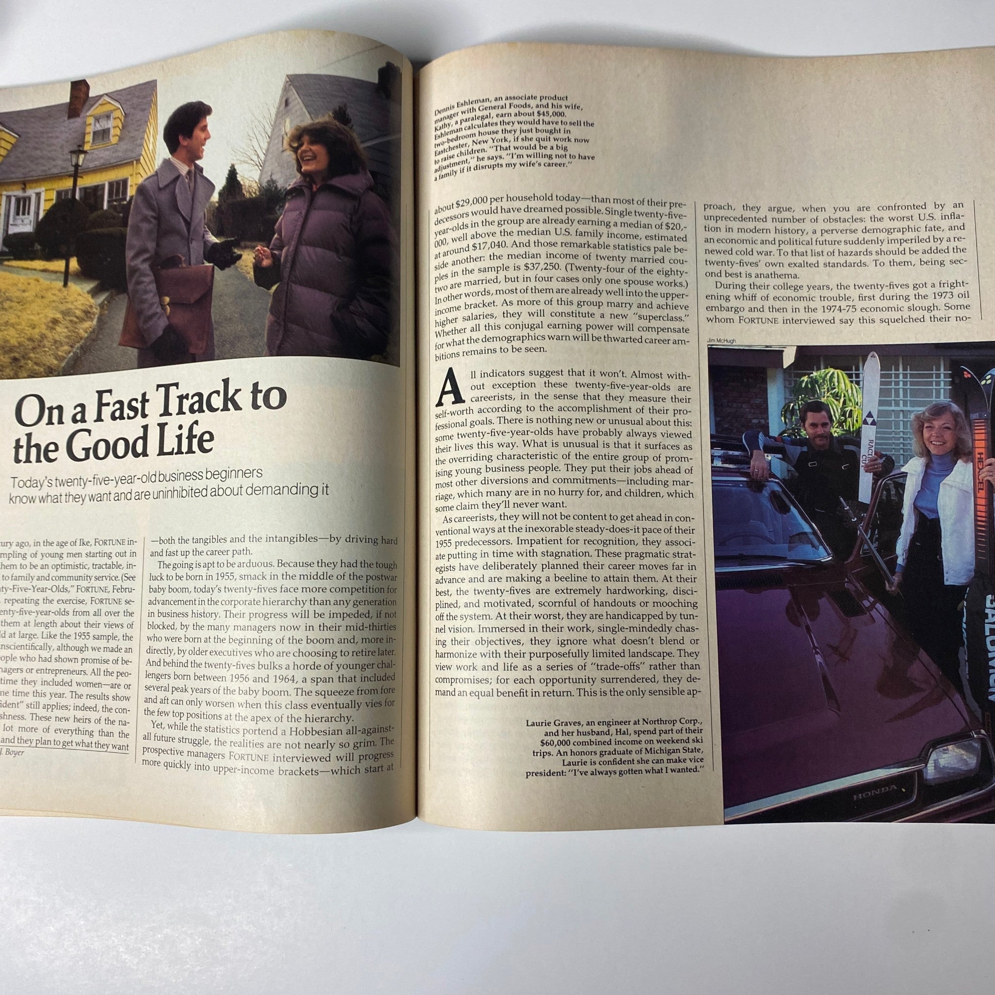 Inside spread of Fortune Magazine April 7, 1980, featuring an article titled 'On a Fast Track to the Good Life' discussing the views and ambitions of 25-year-olds entering the workforce.