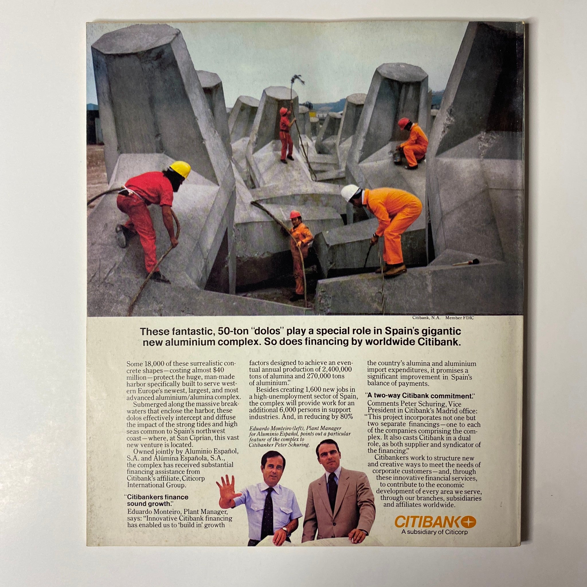 Back cover of Fortune Magazine April 7, 1980, featuring an advertisement related to Citibank and its financing role in Spain's aluminum complex.