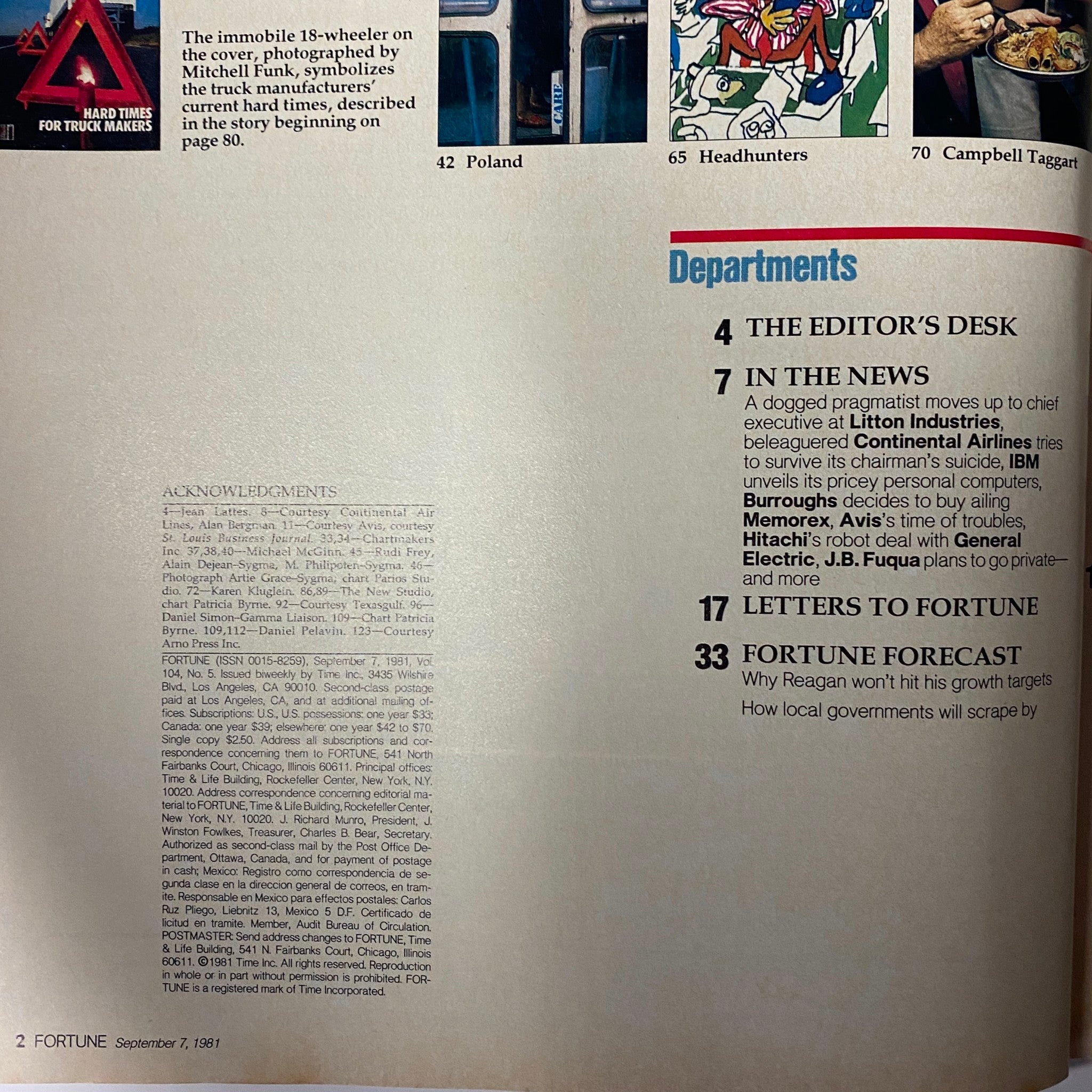 Inside page of Fortune Magazine, September 7, 1981, displaying the acknowledgment section and table of contents, providing insights into various articles, including 'Hard Times for Truck Makers' and other pertinent industry topics.